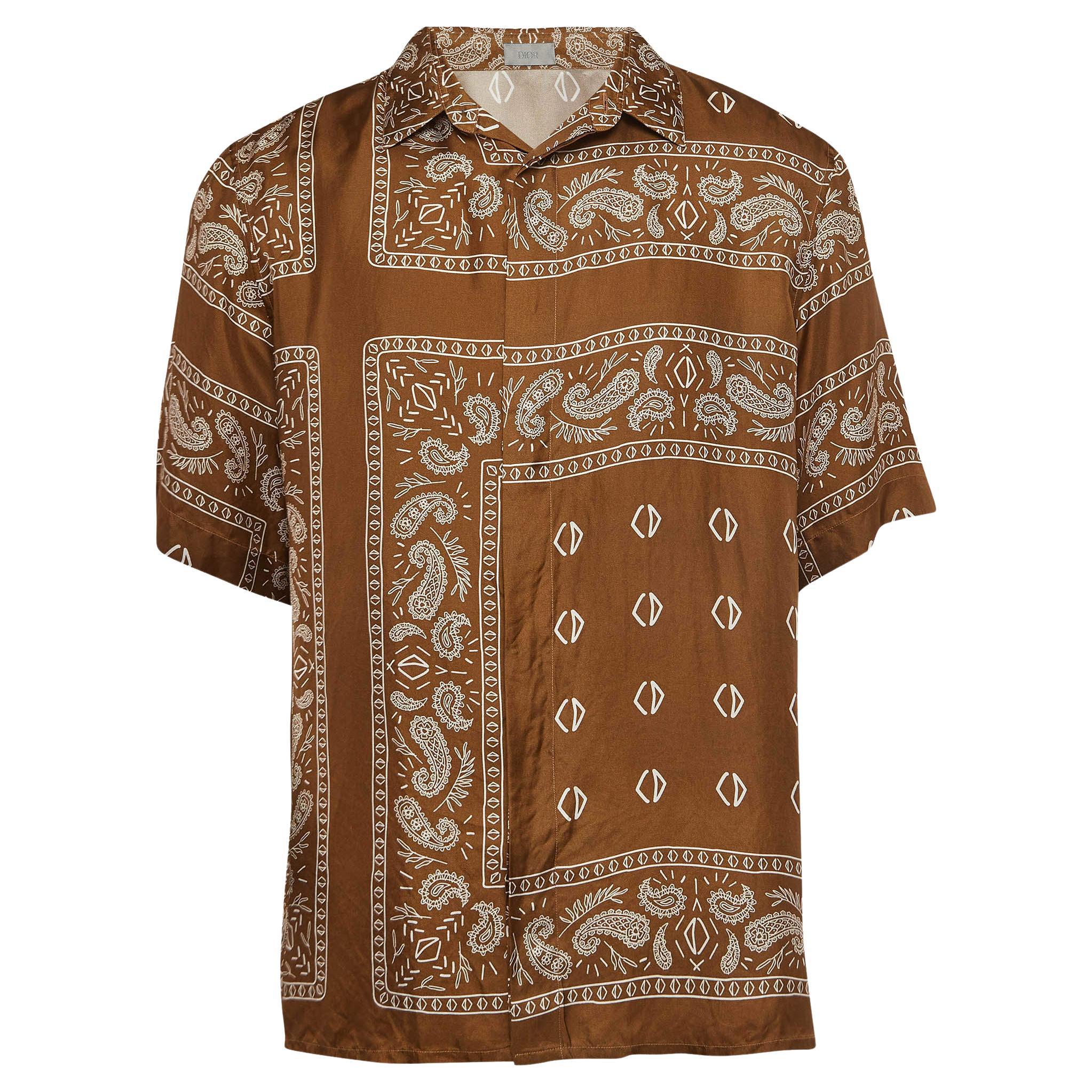 Dior Homme Brown Bandana Motif Print Silk Buttoned Half Sleeve Shirt M For Sale