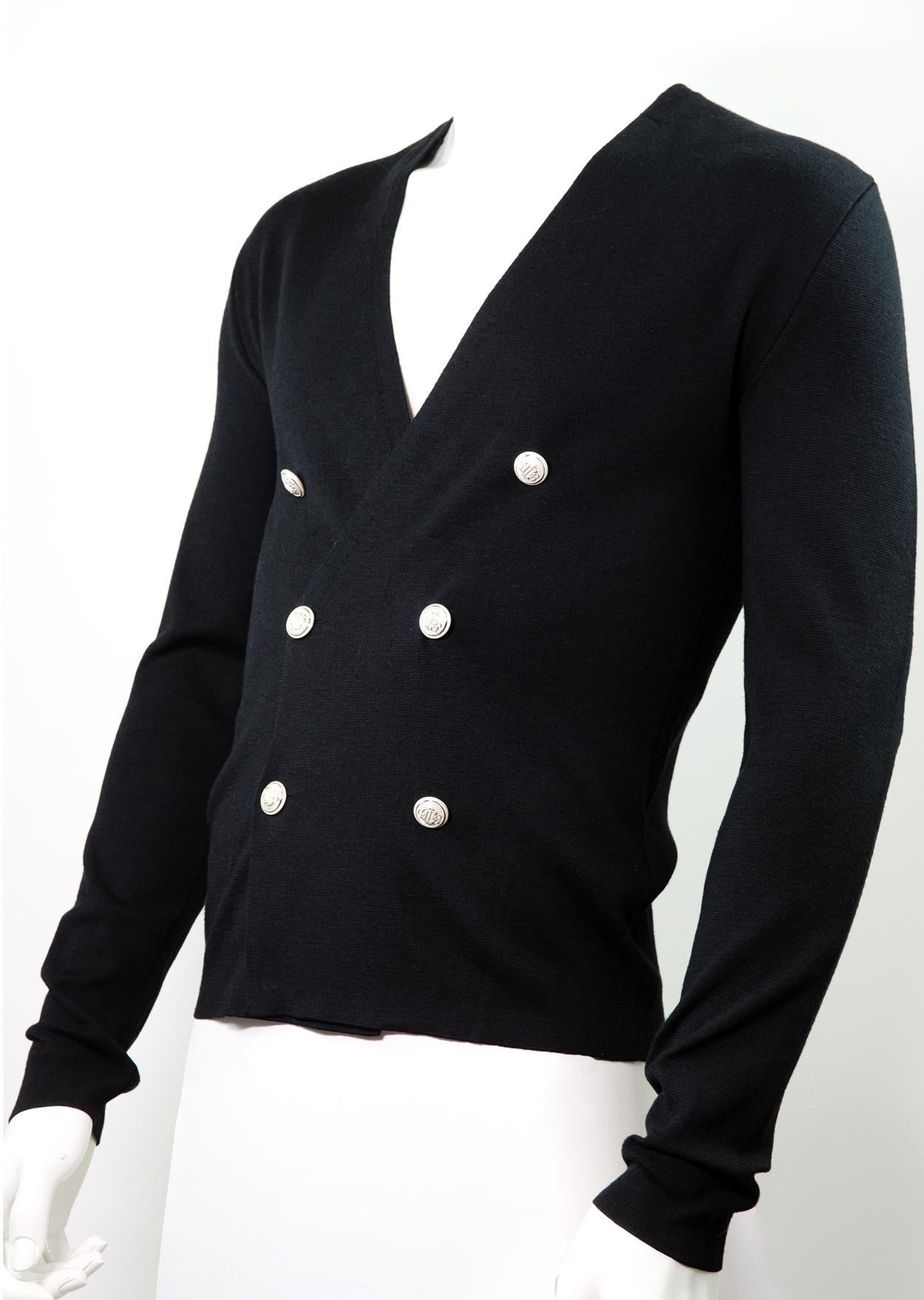 Dior Homme by Kris Van Assche F/W2013 Double-breasted Cardigan

Brand: Dior Homme

Designer: Kris Van Assche

Collection / Year: F/W 2013

Fabric: Wool / Silk

Color: Black with white buttons

Size: S

Elevated and comfortable, this Dior cardigan is