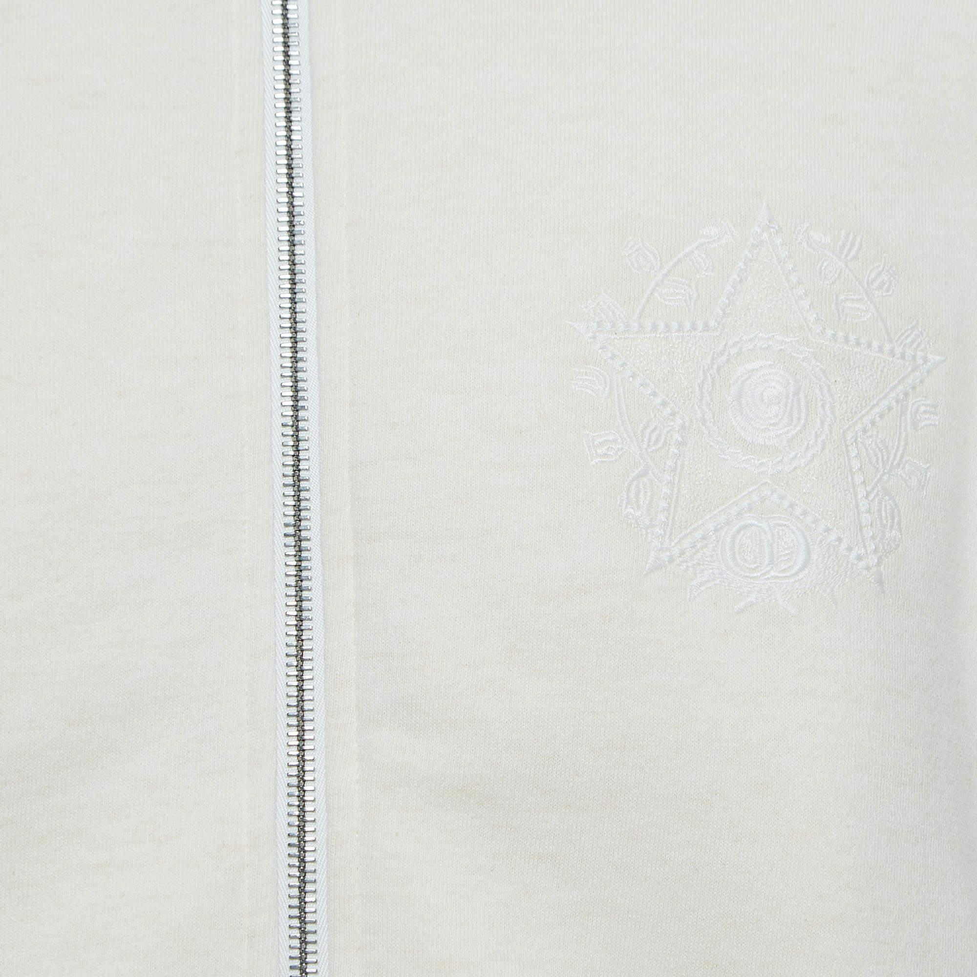 Dior Homme Cream Embroidered Cotton Blend Zip Front Jacket L In Excellent Condition For Sale In Dubai, Al Qouz 2