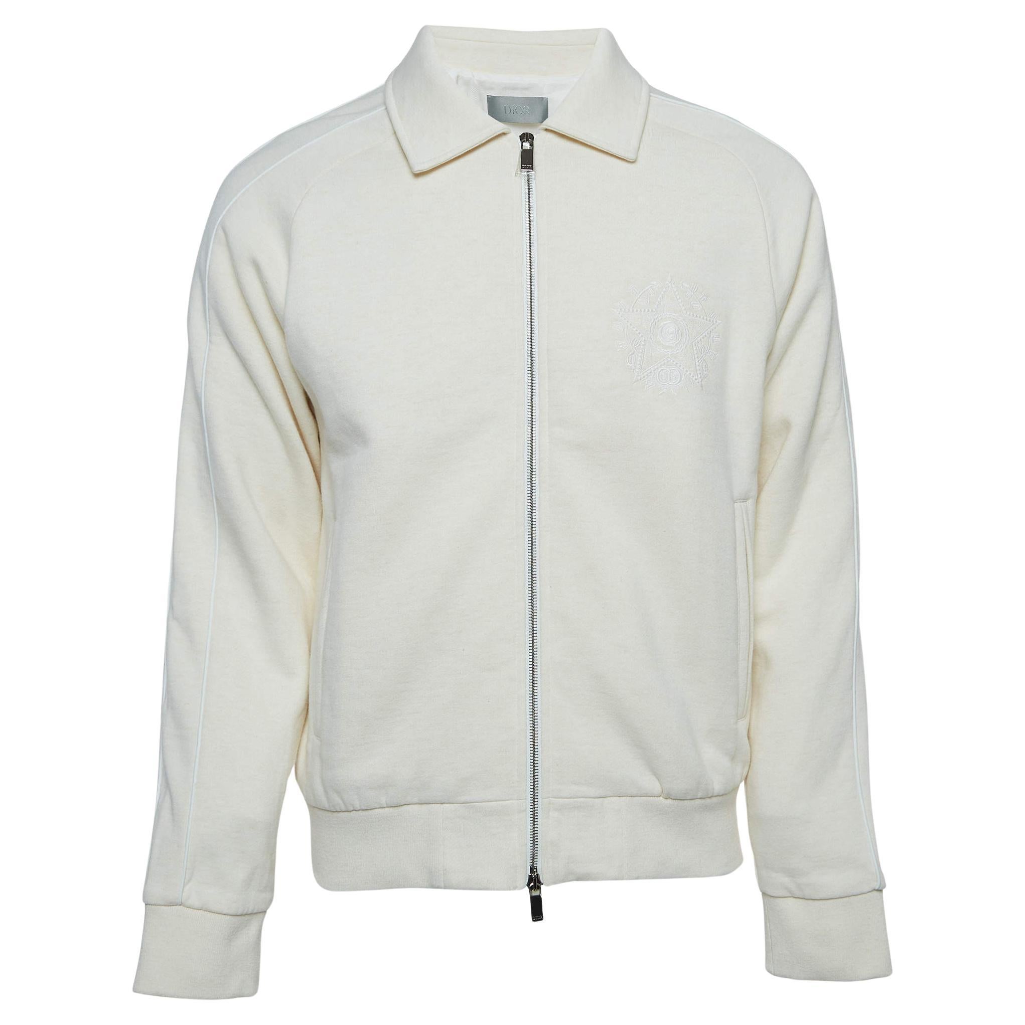 Dior Homme Cream Embroidered Cotton Blend Zip Front Jacket L For Sale