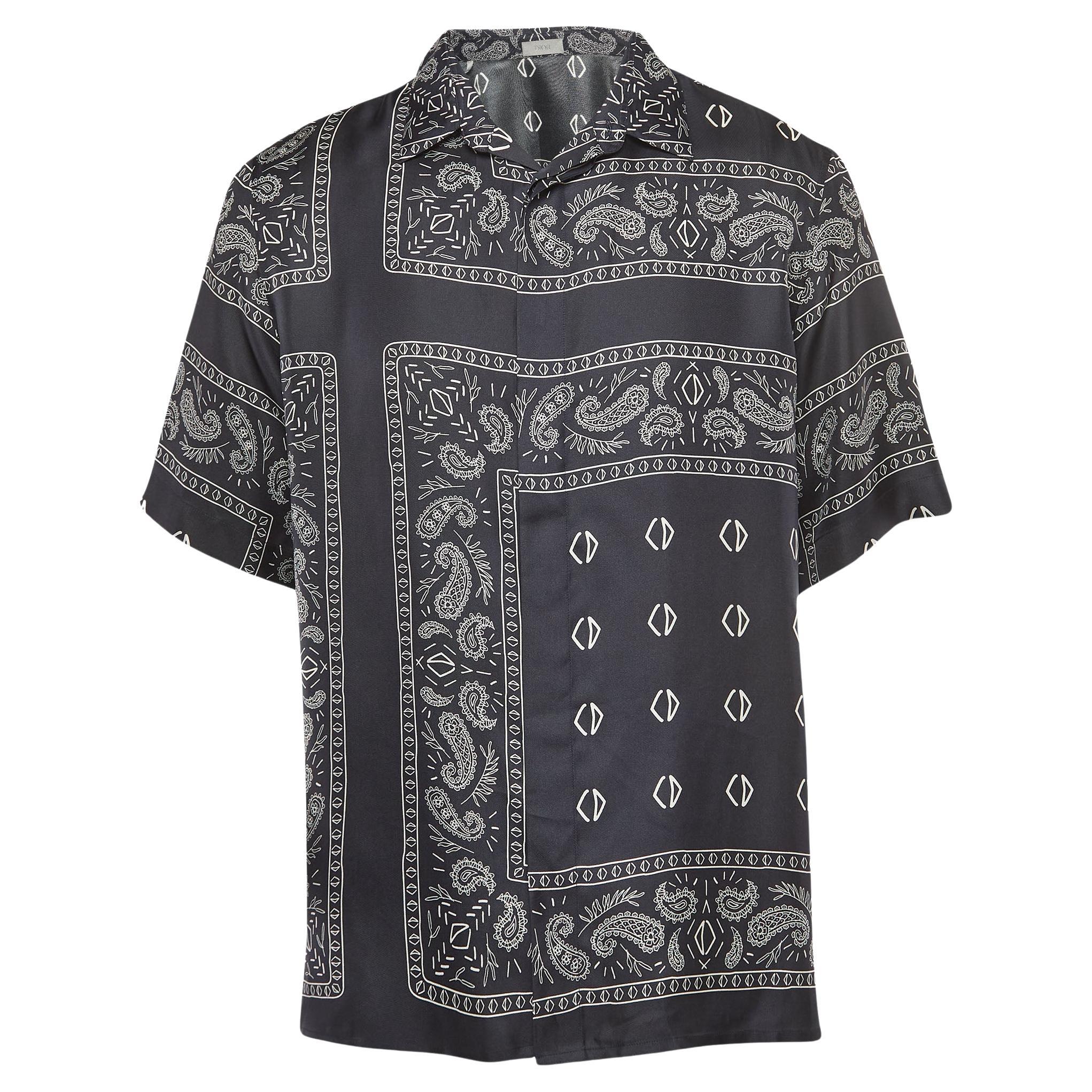Dior Homme Navy Blue Bandana Motif Print Silk Buttoned Half Sleeve Shirt M For Sale