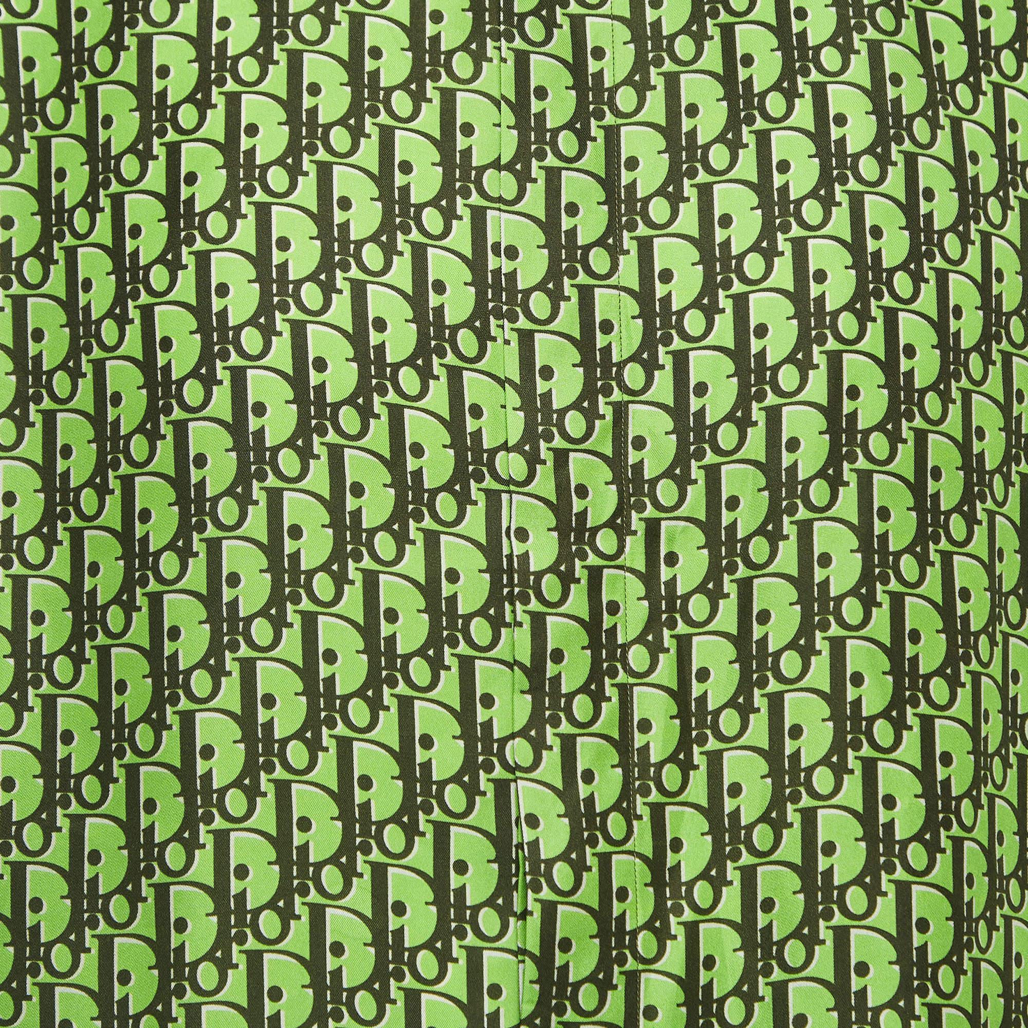 Men's Dior Homme Neon Green Oblique Silk Twill Short Sleeve Shirt M