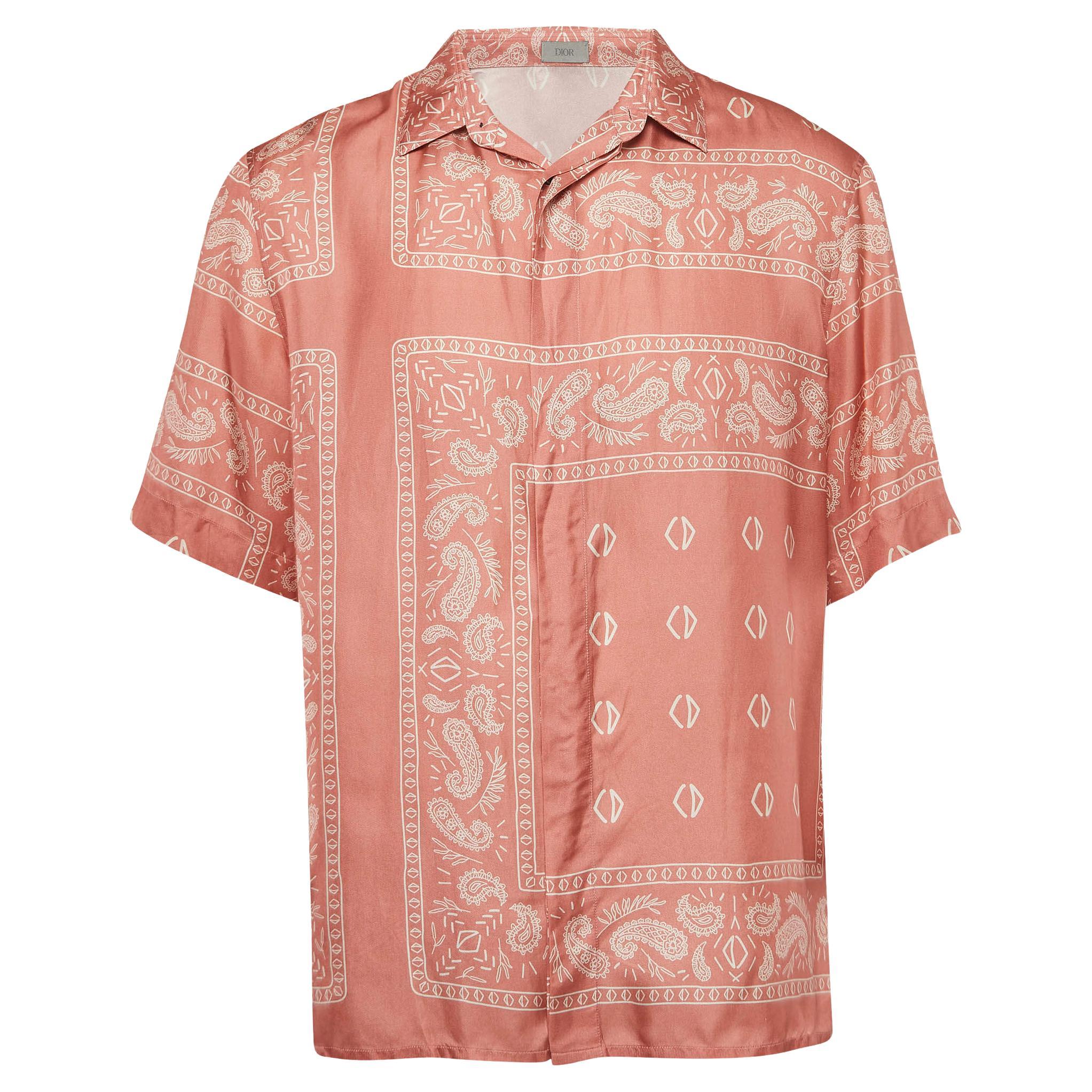 Dior Homme Pink Bandana Motif Print Silk Buttoned Half Sleeve Shirt M For Sale