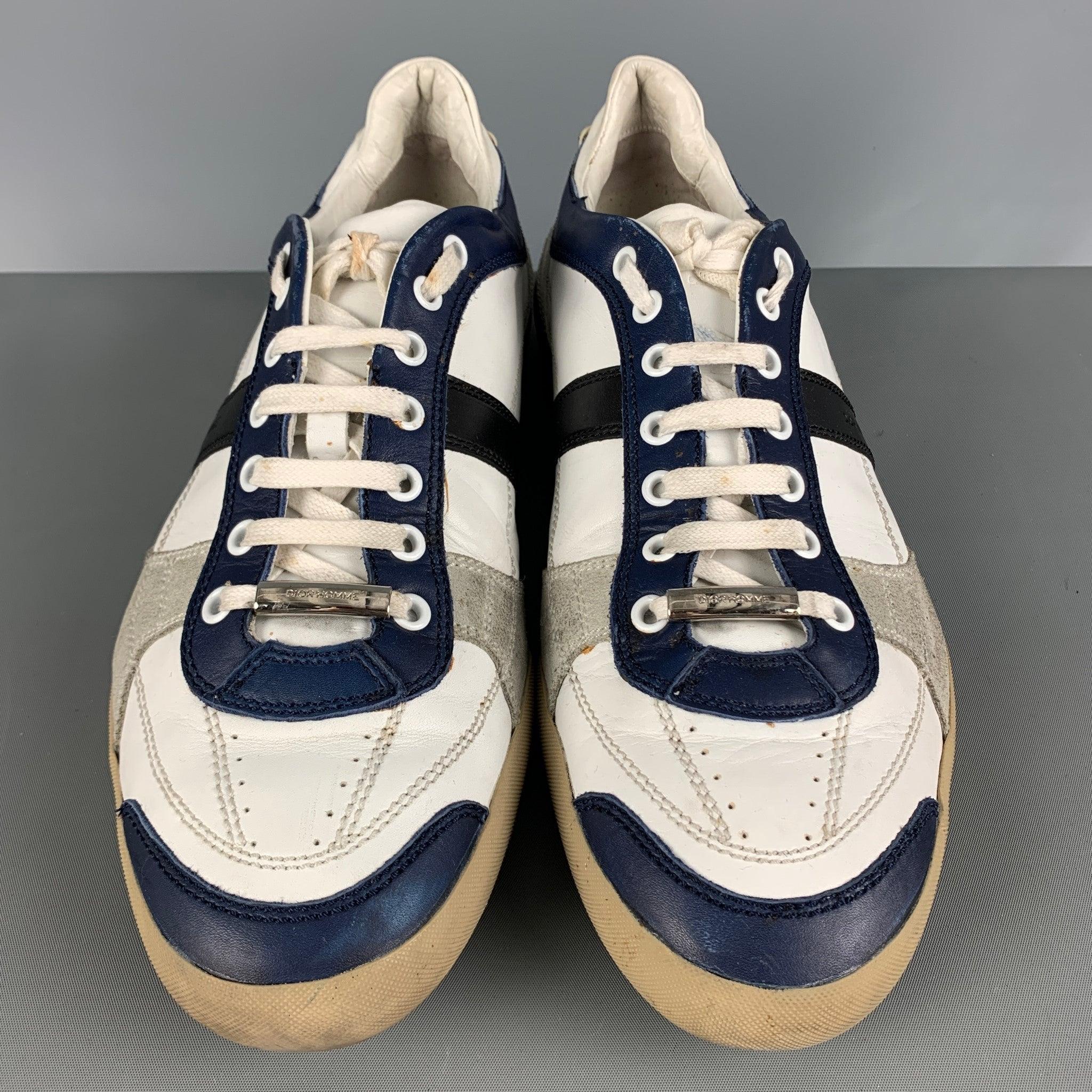 Men's DIOR HOMME Size 11 White Navy Mixed Materials Leather Lace Up Sneakers For Sale