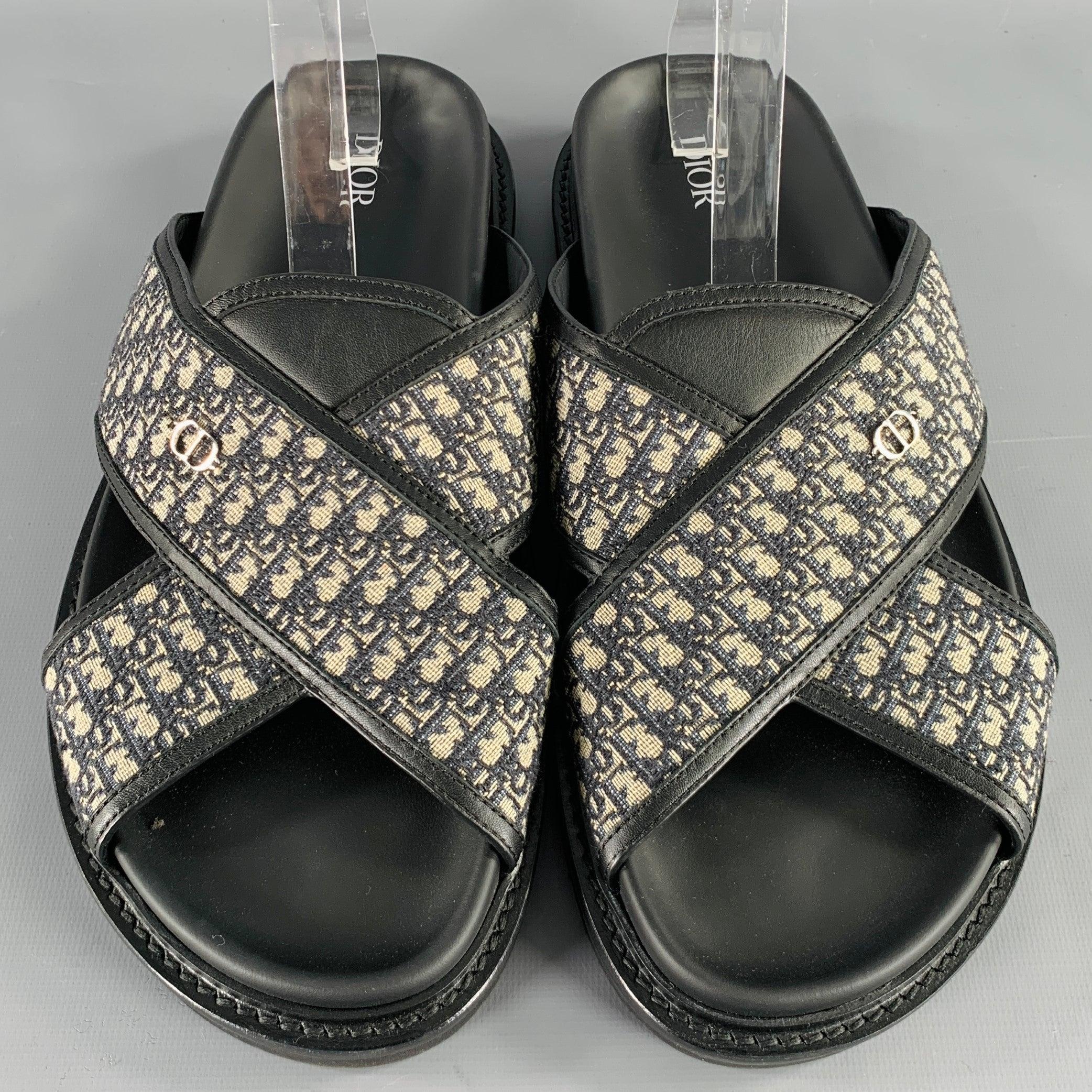 DIOR HOMME Size 12 Navy Beige Oblique Canvas Straps Sandals In Good Condition For Sale In San Francisco, CA