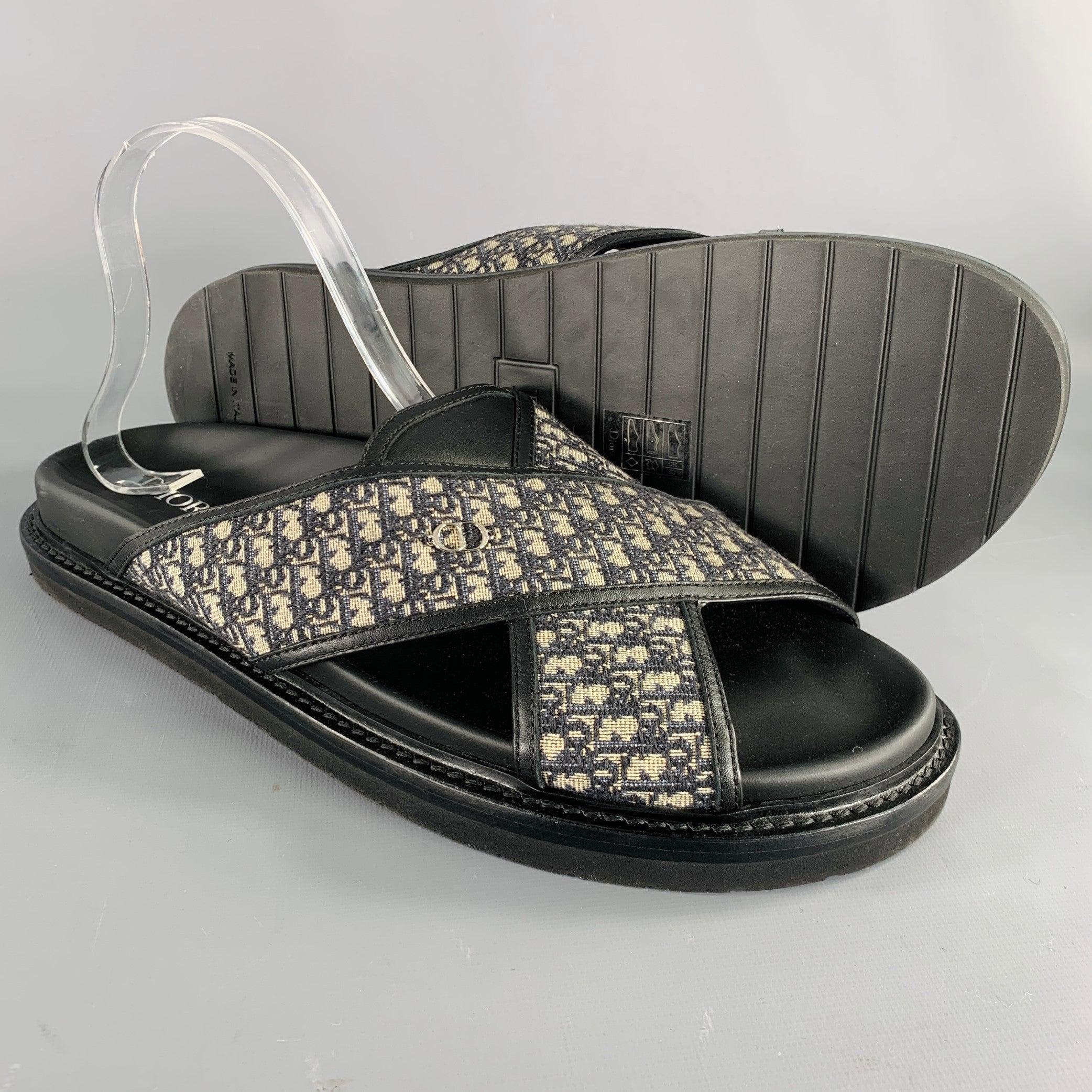 Men's DIOR HOMME Size 12 Navy Beige Oblique Canvas Straps Sandals For Sale