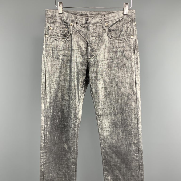 DIOR HOMME Size 28 x 38 Silver Metallic Denim Button Fly Jeans at 1stDibs