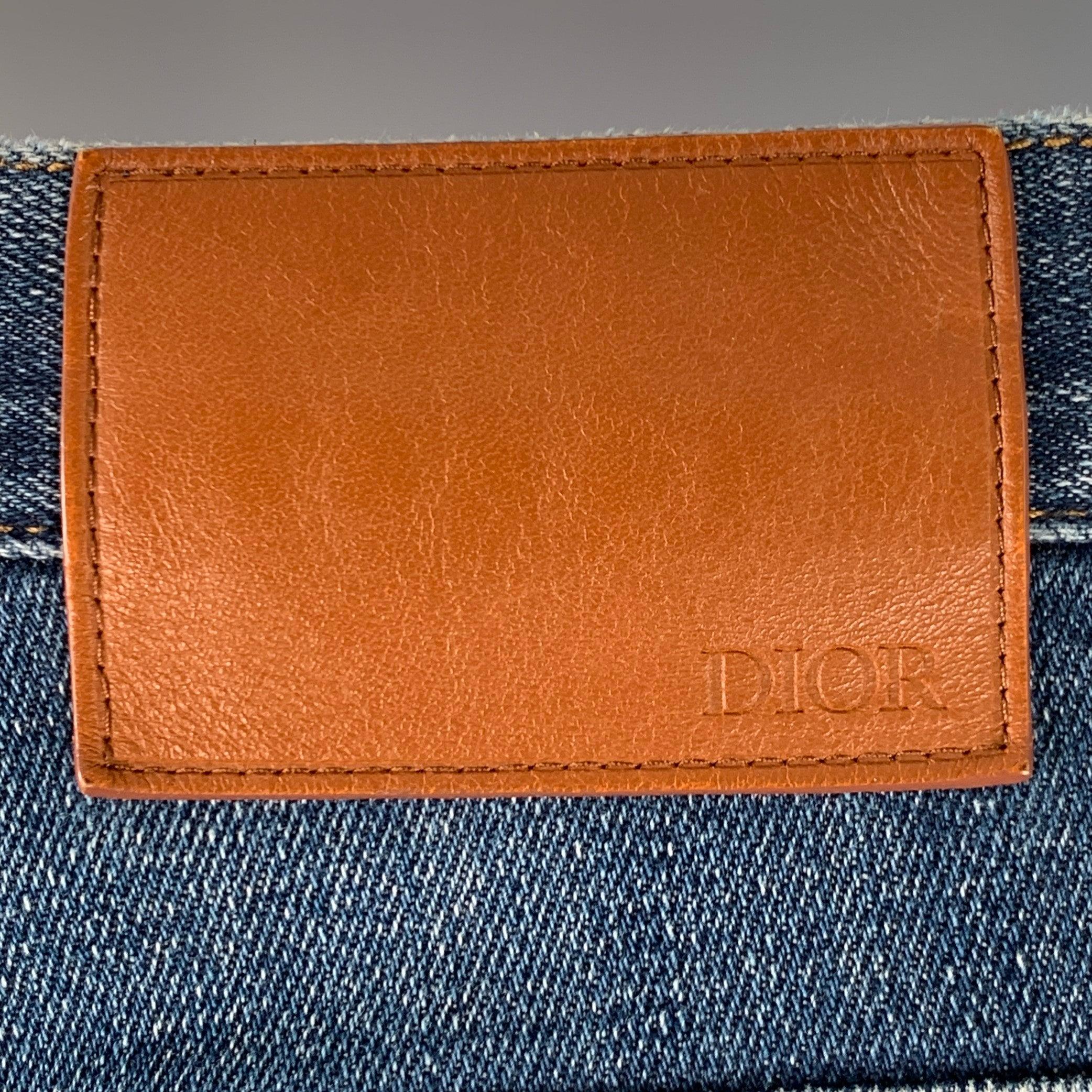 DIOR HOMME Talla 30 Azul Contraste Puntada Mezcla Algodón Sarga Vaqueros Rectos Slim en Bueno estado para la venta en San Francisco, CA