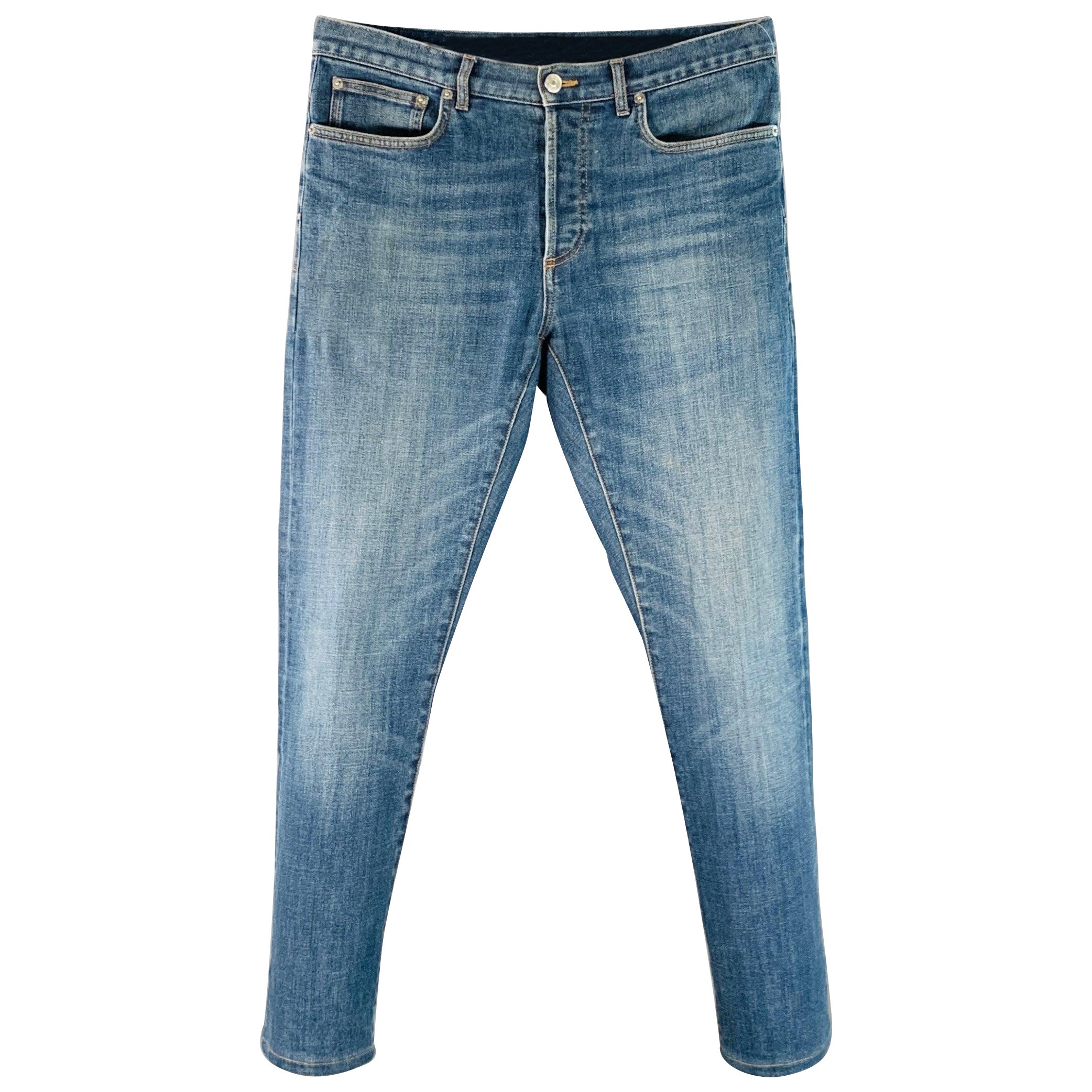 DIOR HOMME Size 30 Blue Contrast Stitch Cotton Blend Twill Slim Straight Jeans