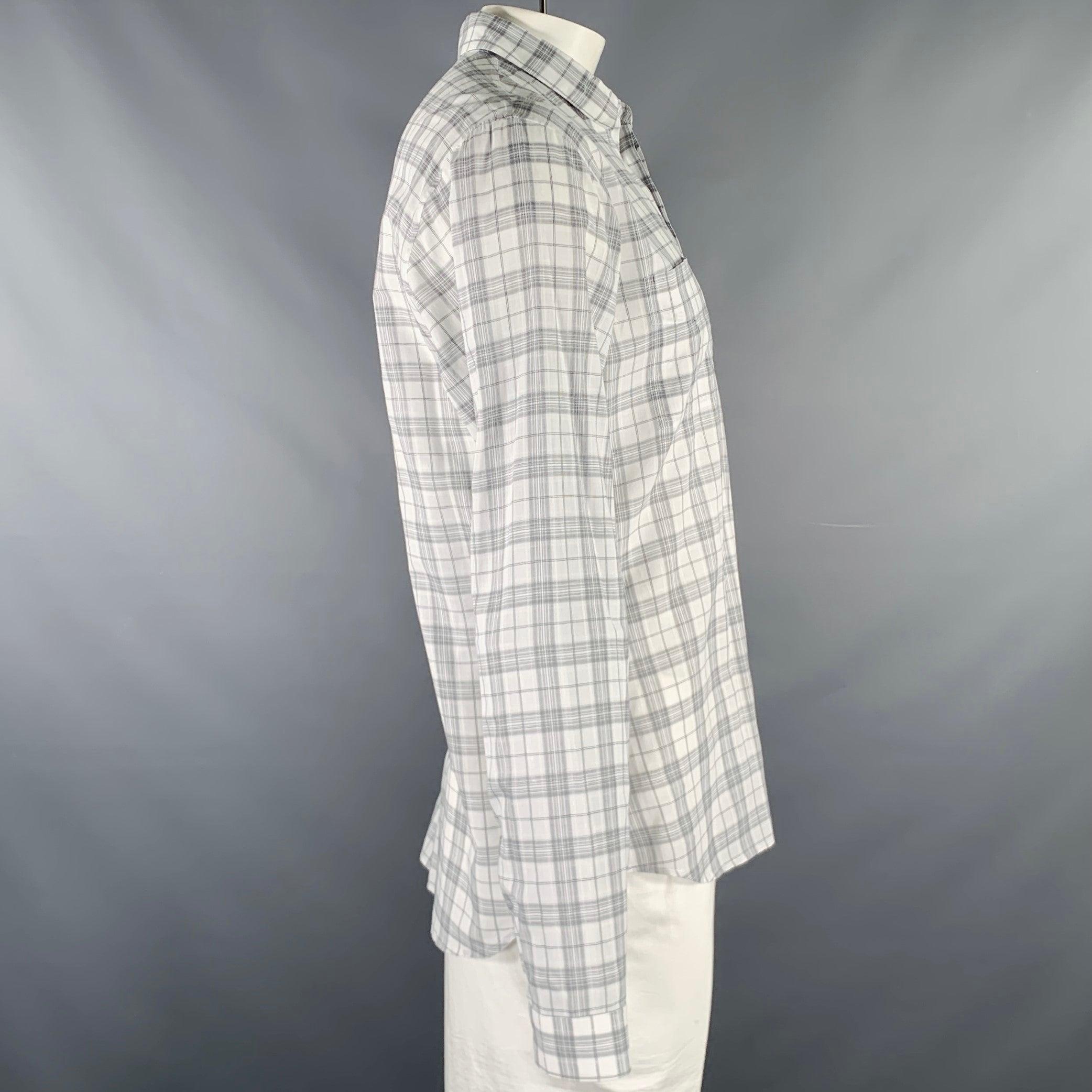 Gray DIOR HOMME Size L White Grey Plaid Cotton Button Up Long Sleeve Shirt For Sale