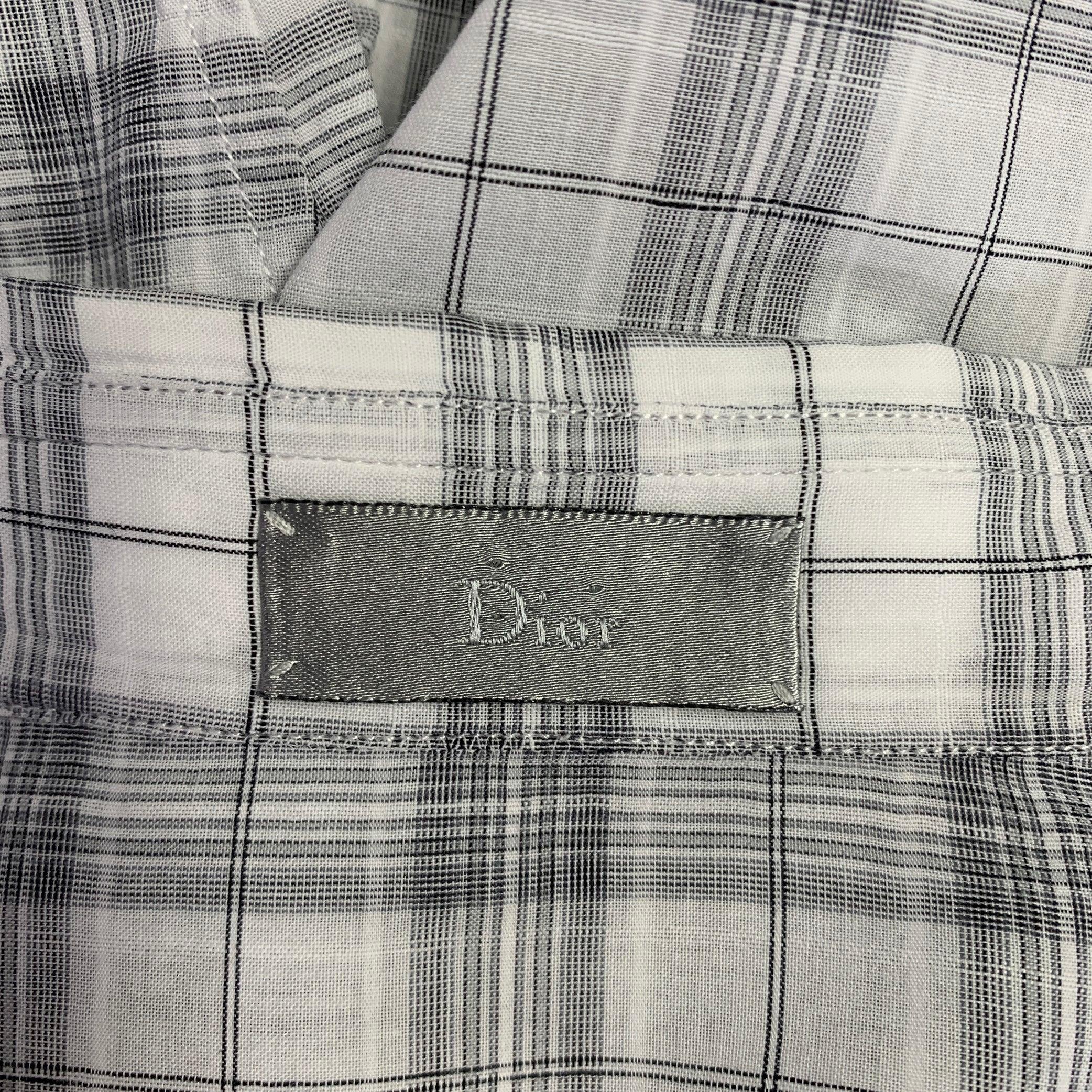 Men's DIOR HOMME Size L White Grey Plaid Cotton Button Up Long Sleeve Shirt For Sale