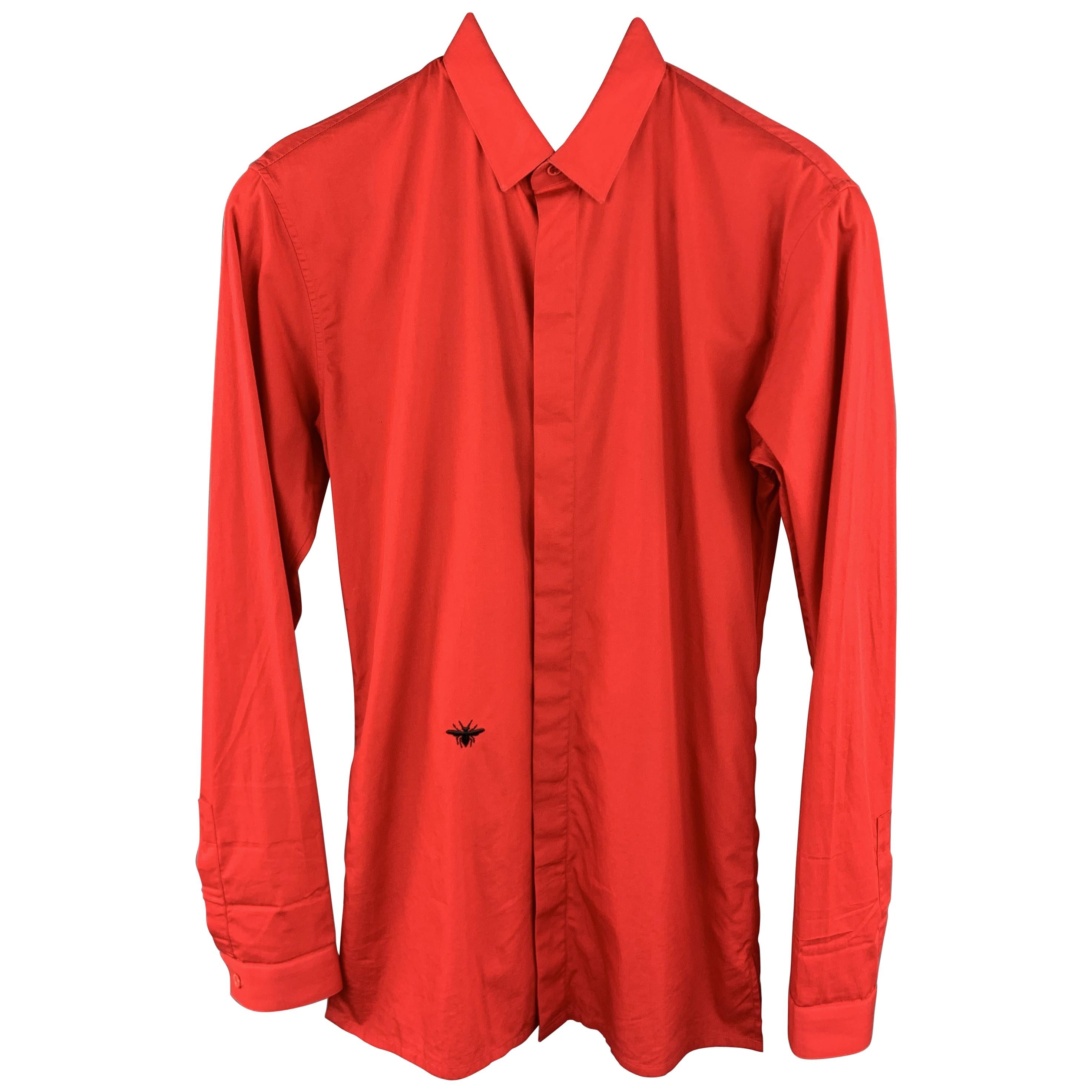 DIOR HOMME Size XS Red Cotton Hidden Buttons Bee Long Sleeve Shirt