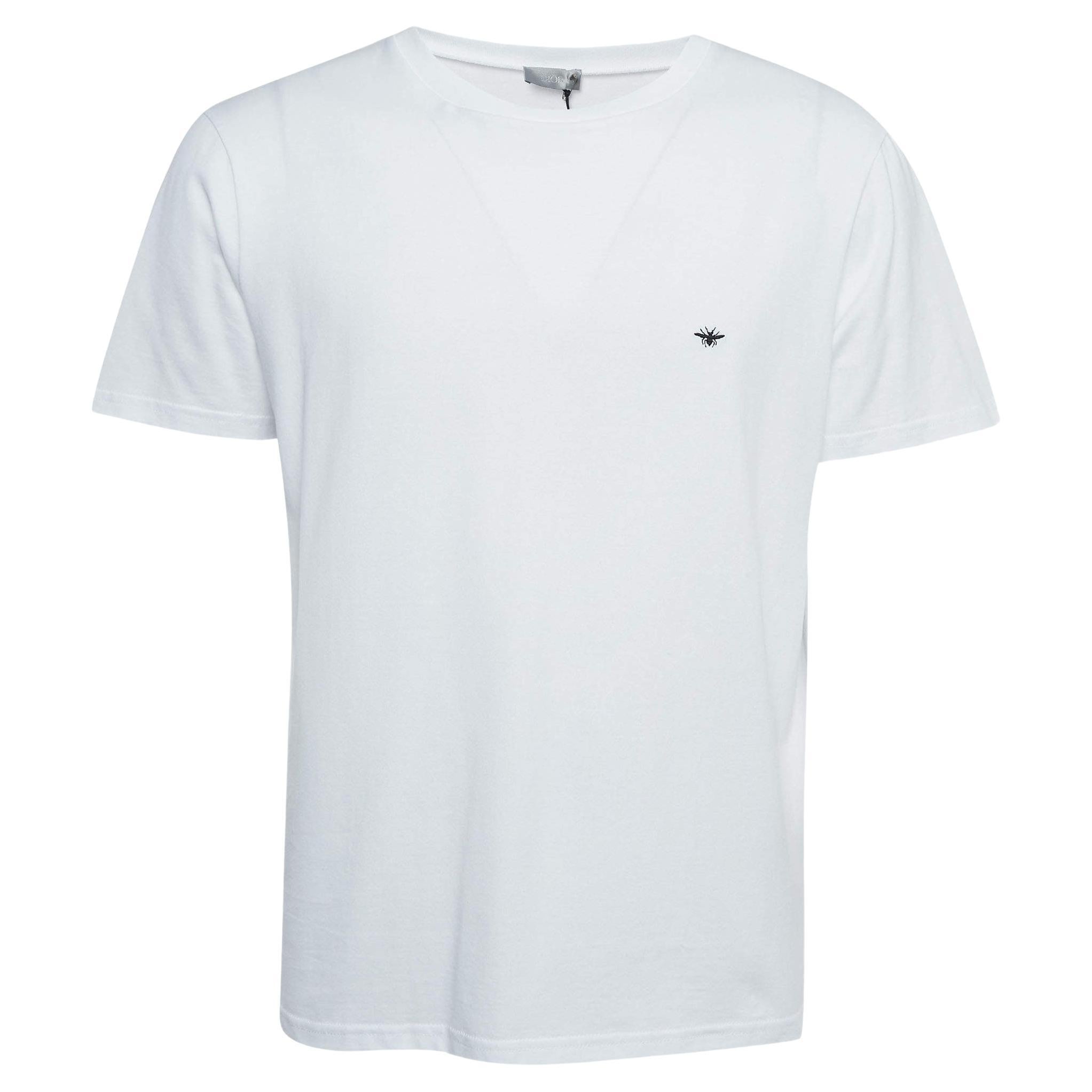 Dior Homme White Bee Embroidered Cotton Crew Neck T-Shirt L For Sale