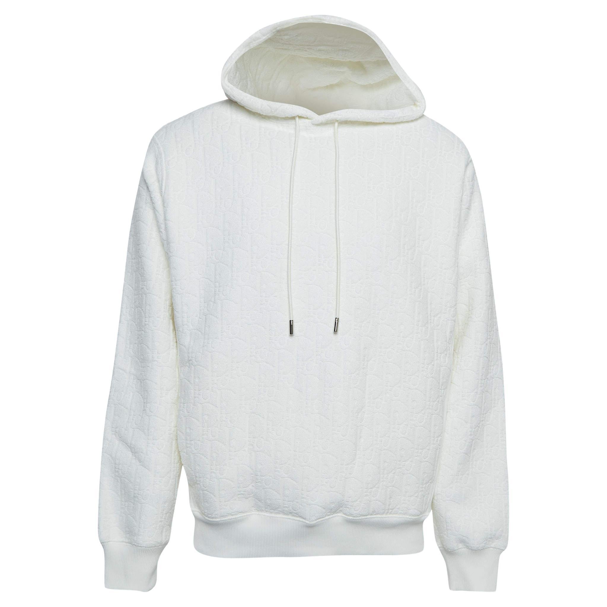 Dior Homme White Oblique Jacquard Cotton Terry Hoodie S For Sale