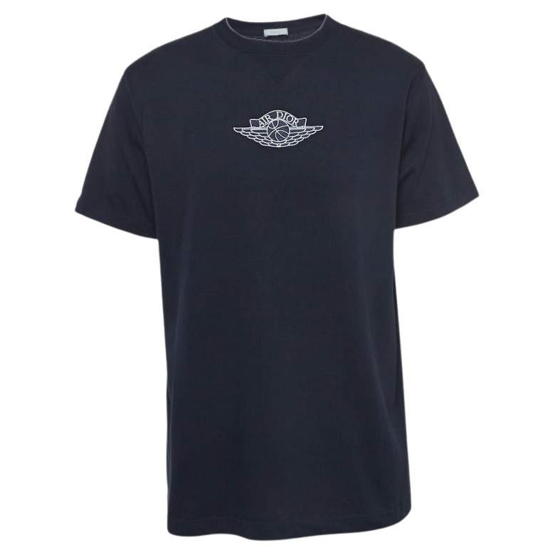 Dior Homme X Air Jordan Navy Blue Embroidered Cotton Half Sleeve T-Shirt M For Sale