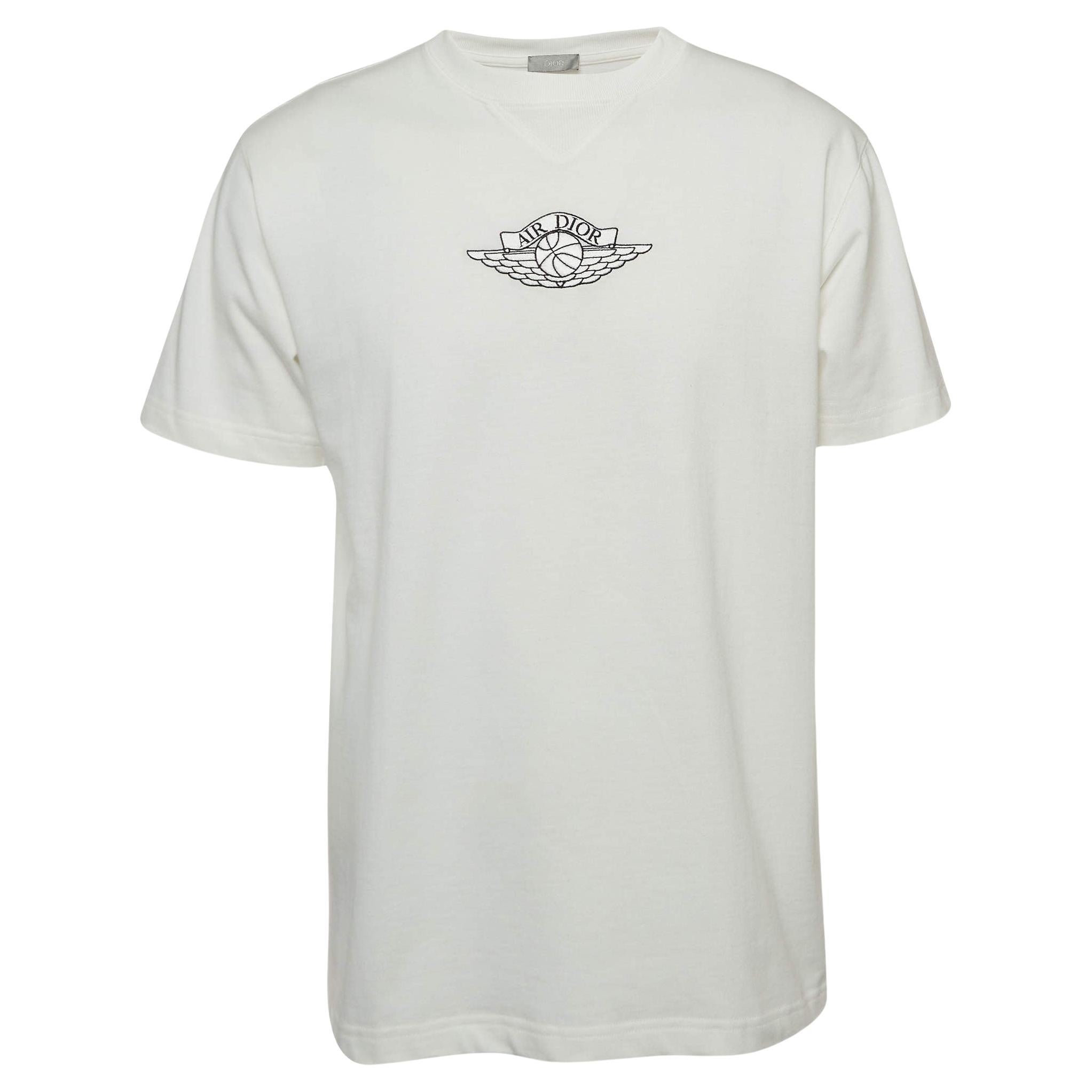 Dior Homme X Air Jordan White Embroidered Cotton Half Sleeve T-Shirt M For Sale