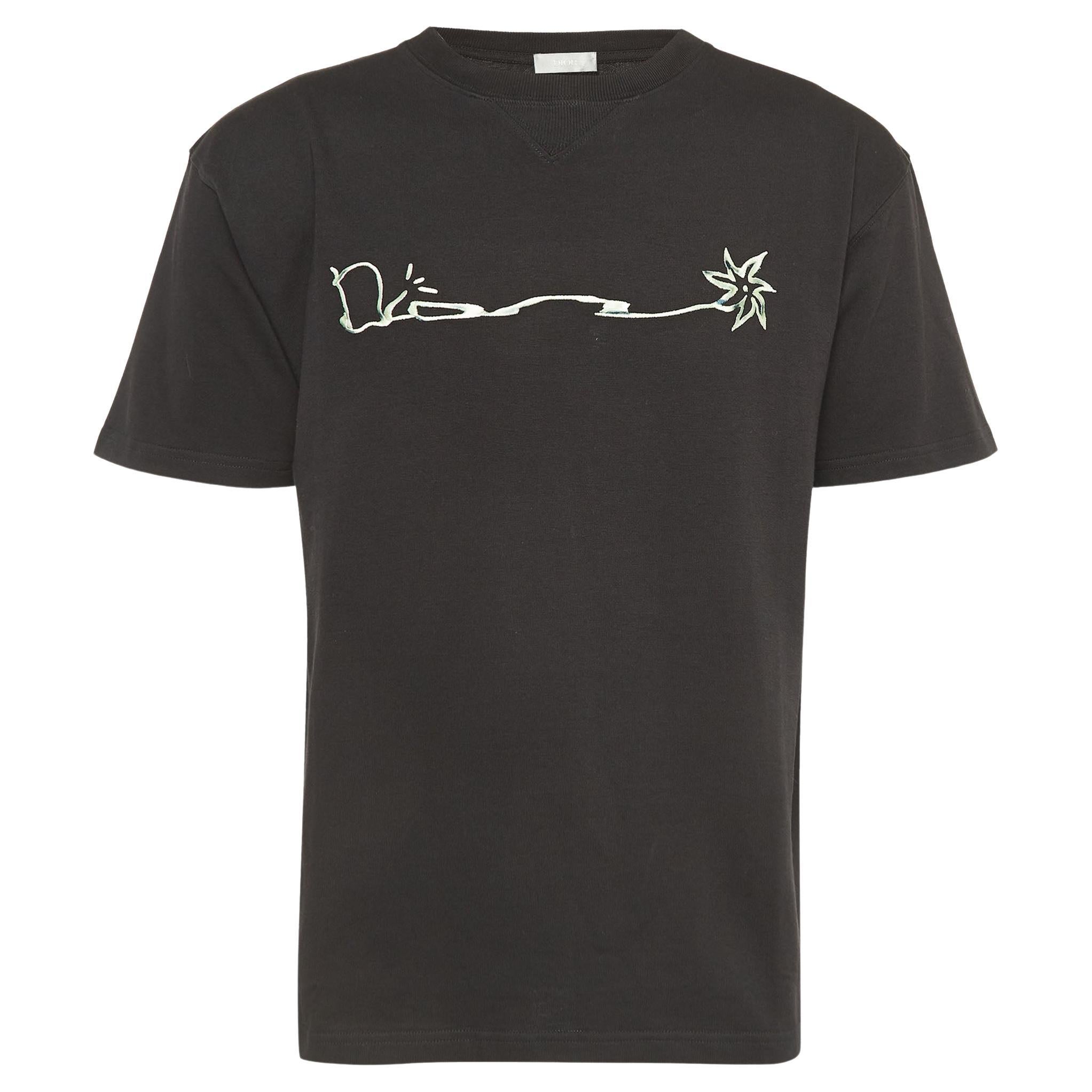 Dior Homme X Cactus Jack Black Embroidered Cotton Oversized T-Shirt M For Sale