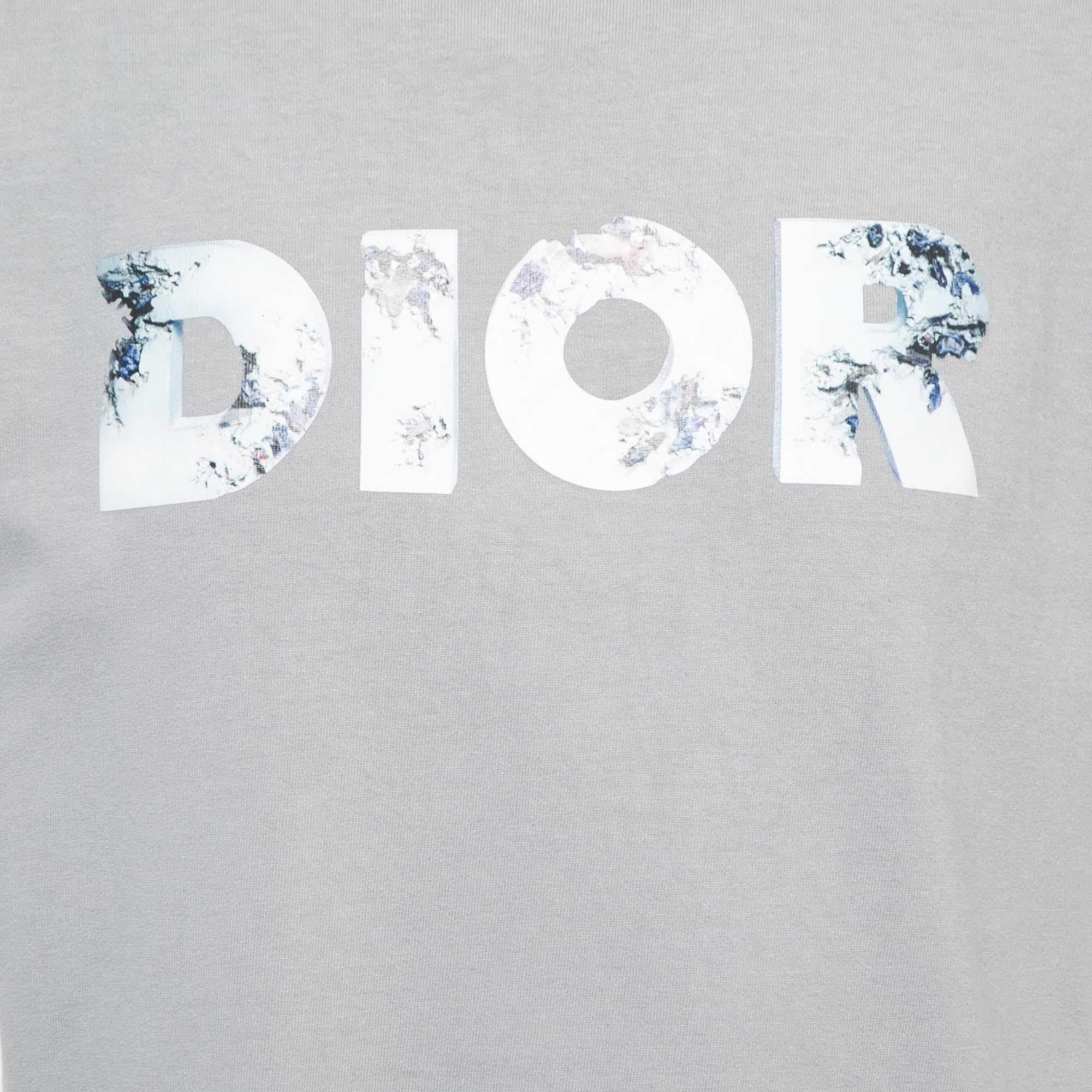 Men's Dior Homme X Daniel Arsham Grey Eroded Logo Print Cotton Crew Neck T-Shirt M