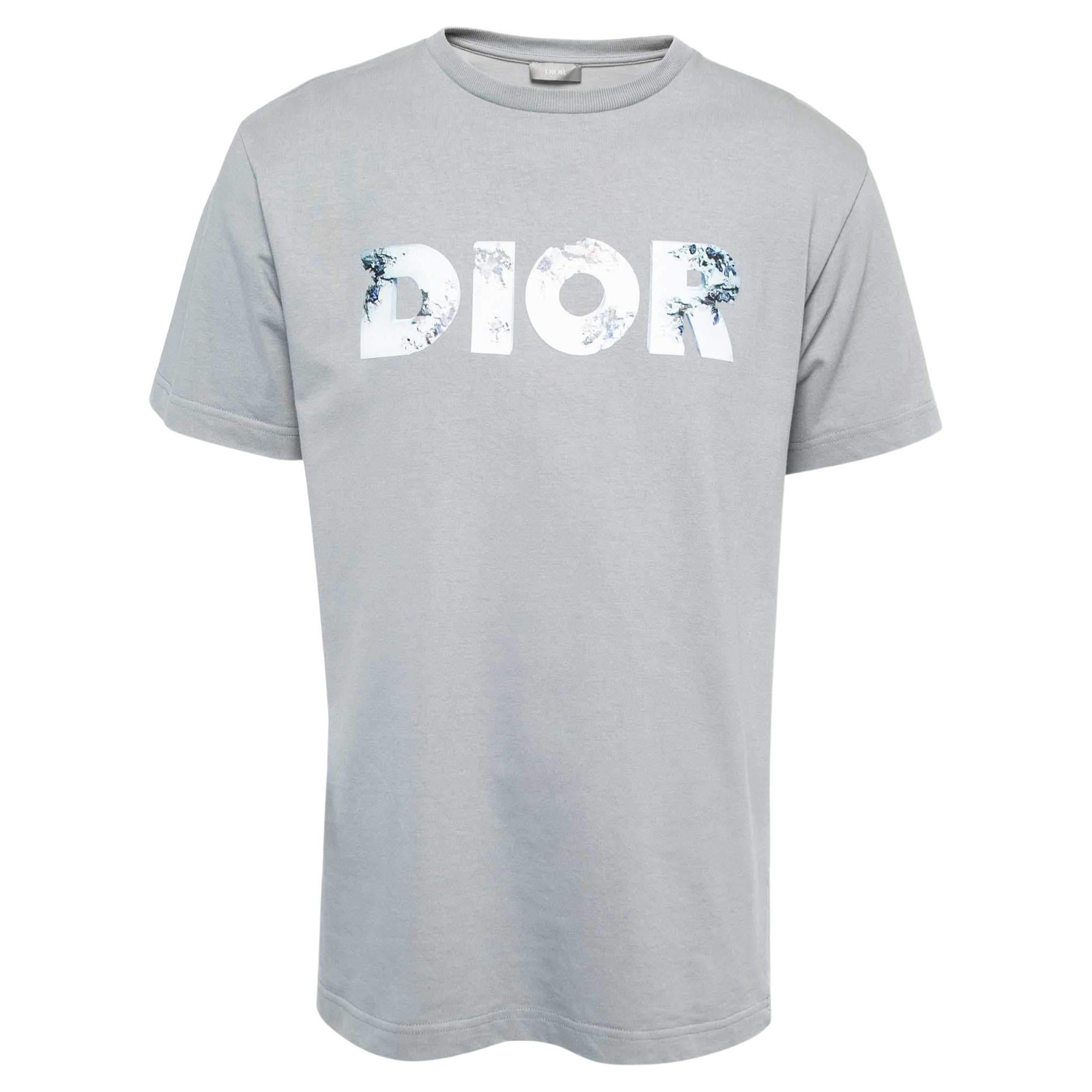 Dior Homme X Daniel Arsham Grey Eroded Logo Print Cotton Crew Neck T-Shirt M