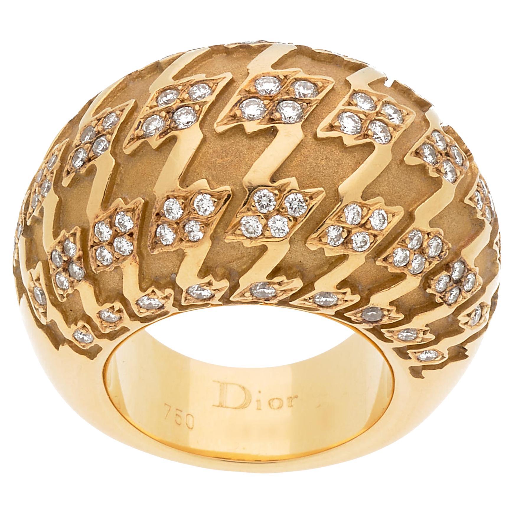 Dior Houndstooth Yellow Gold Diamond Bombe Cocktail Ring For Sale