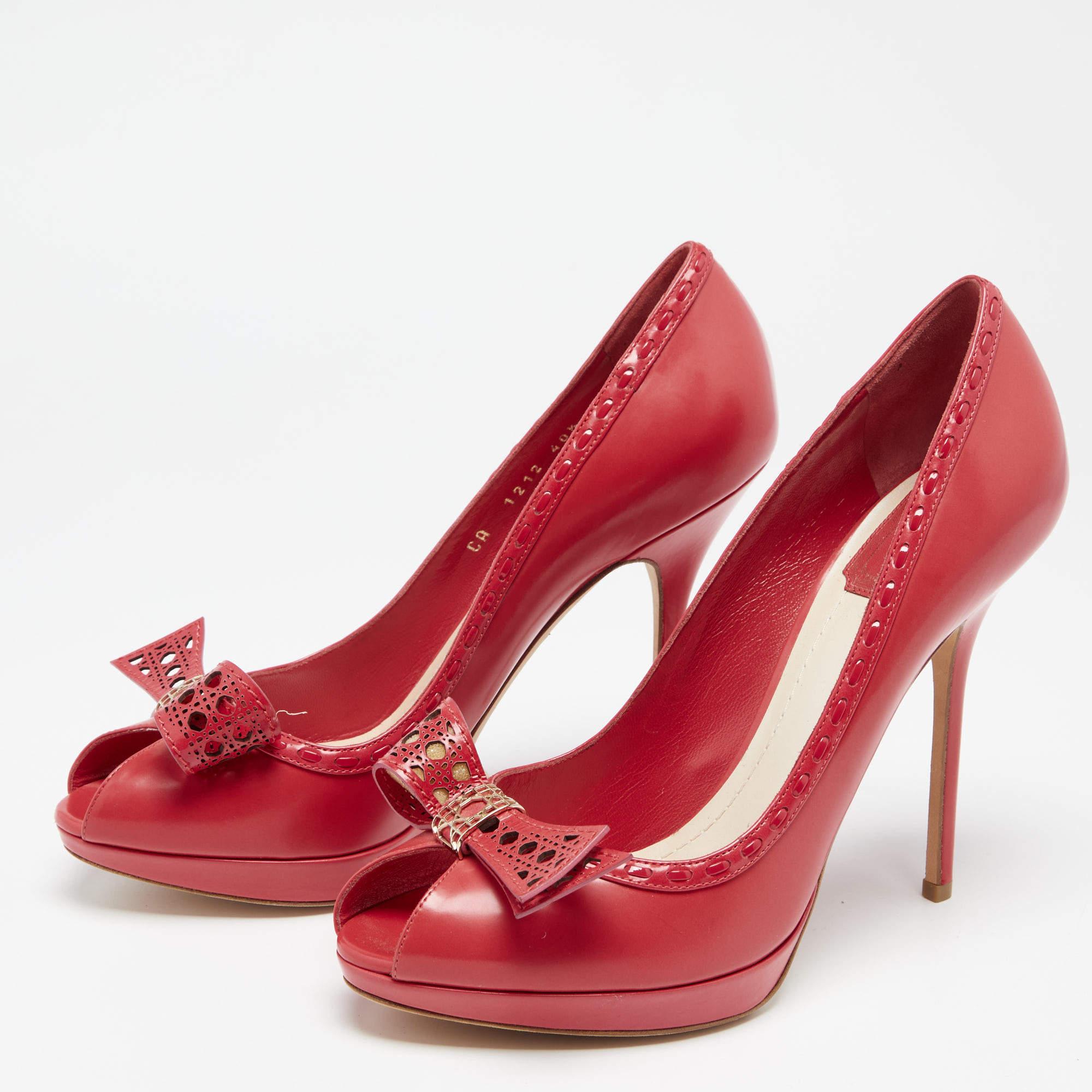 Women's Dior Imperial Red Cannage Leather Peep Toe Bow Detail Platform Pumps Size 40.5 For Sale