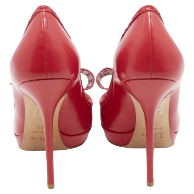 Dior Imperial Red Cannage Leather Peep Toe Bow Detail Platform Pumps Size 40.5 For Sale 3