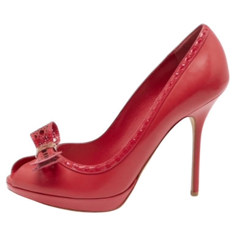 Dior Imperial Red Cannage Leather Peep Toe Bow Detail Platform Pumps Size 40.5 For Sale