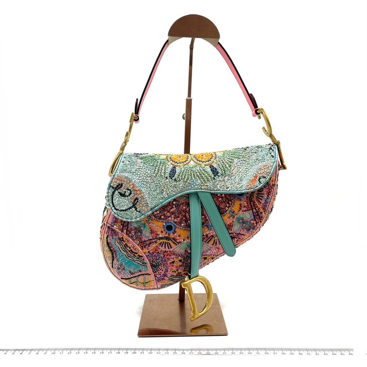 Brown Dior In Lights Saddle Medium Multicolor Beads and Calfskin Leather Shoulder Bag