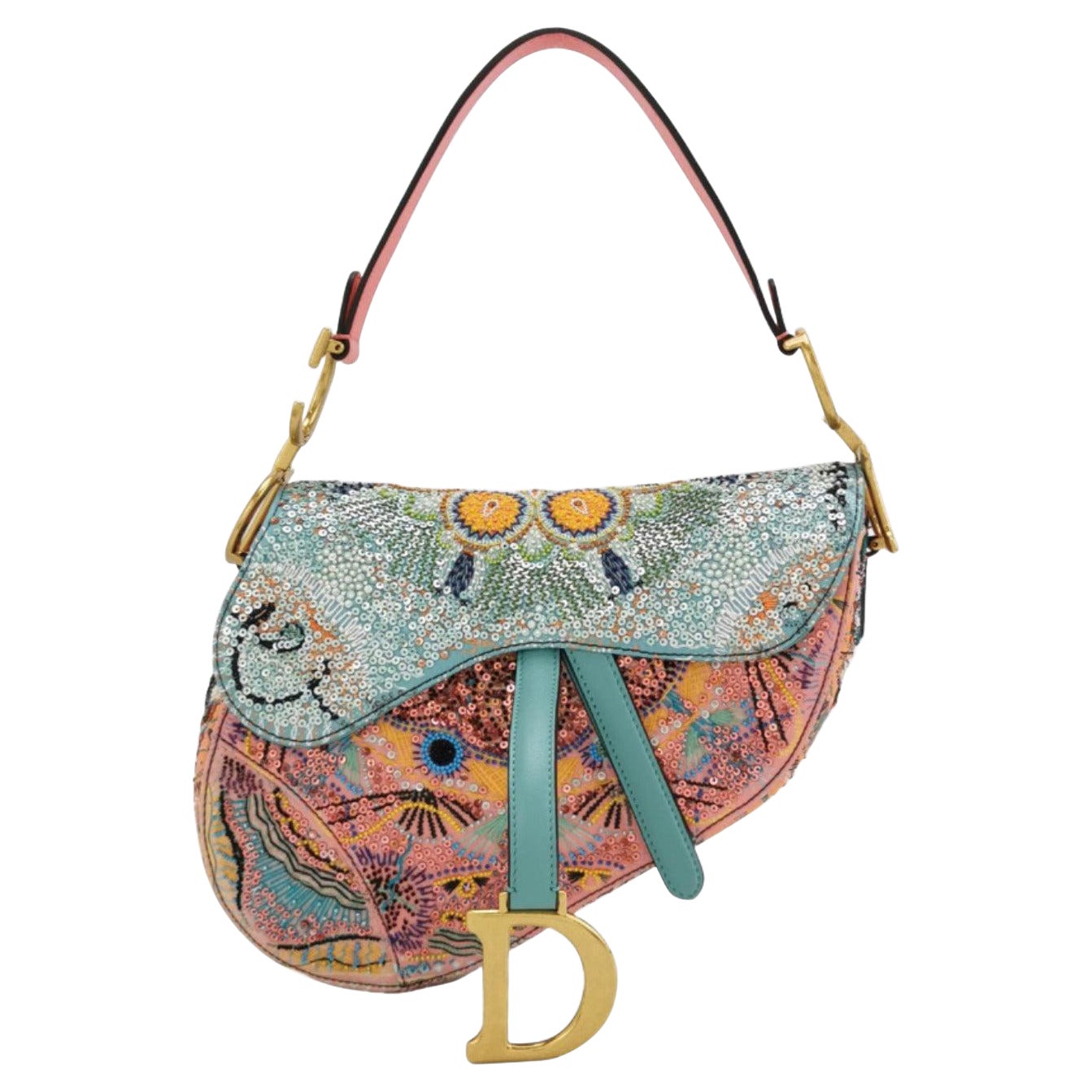 Dior In Lights Saddle Medium Multicolor Perlen und Kalbsleder Umhängetasche im Angebot