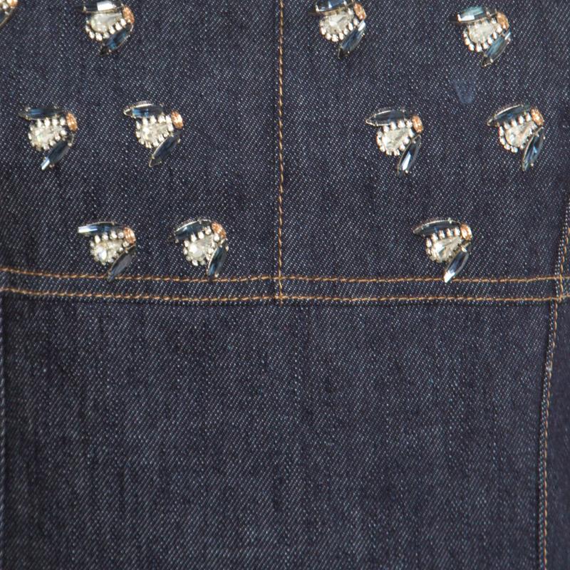 Black Dior Indigo Dark Wash Denim Bee Embellished Back Tie Detail Dress M