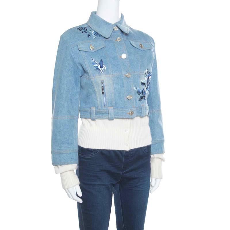 Blue Dior Indigo Faded Effect Floral Embroidered Faux Layered Denim Jacket M