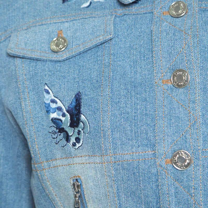 Dior Indigo Faded Effect Floral Embroidered Faux Layered Denim Jacket M In Good Condition In Dubai, Al Qouz 2