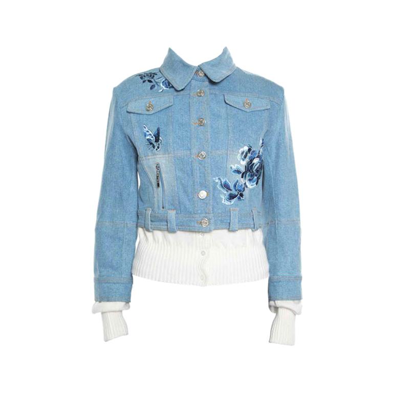 Dior Indigo Faded Effect Floral Embroidered Faux Layered Denim Jacket M