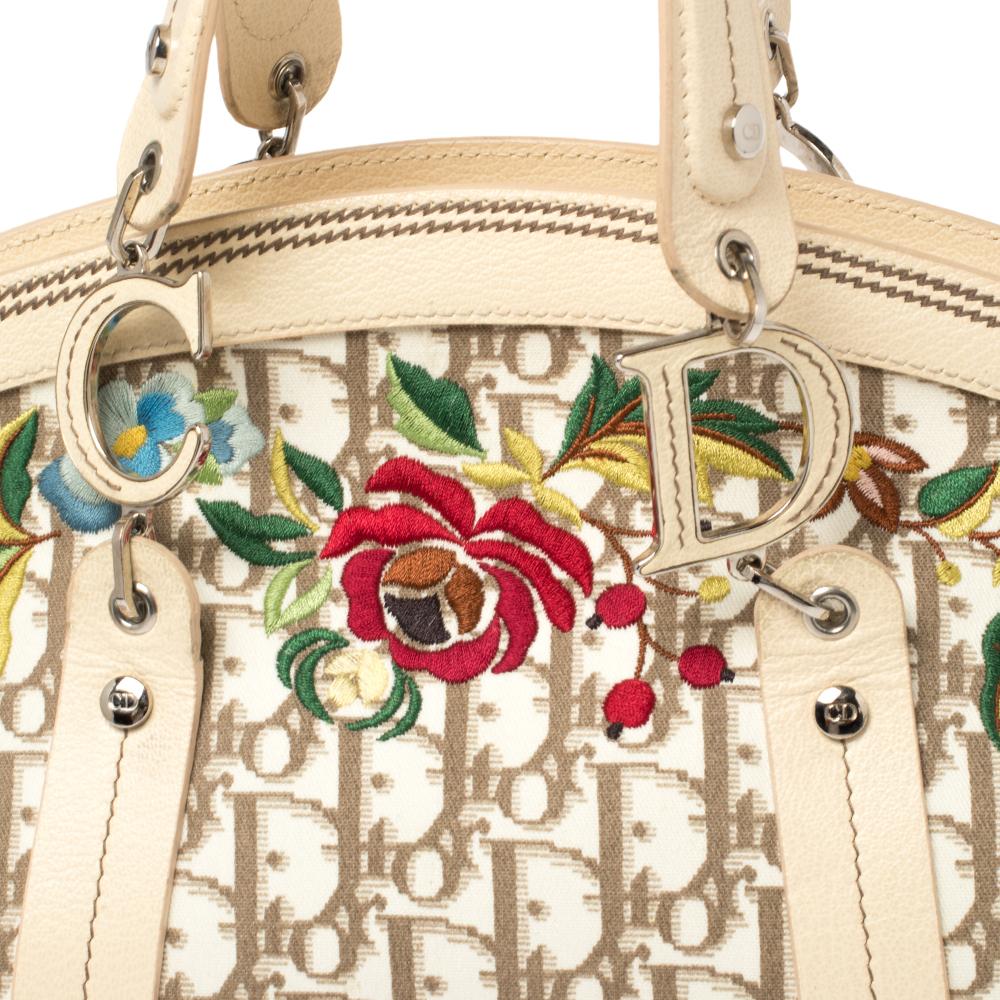 Dior Ivory/Brown Diorissimo Canvas & Leather Floral Embroidered Trotter Satchel 8