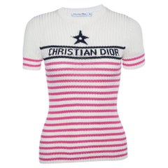 Dior Ivory Logo Striped Cotton Knit Crew Neck Jumper S