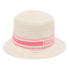 Dior Ivory/Pink Logo Detail Hemp Straw Dioresort Hat Size 58