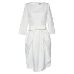 Dior Ivory Textured Cotton Bow Detail Pleated Dress M