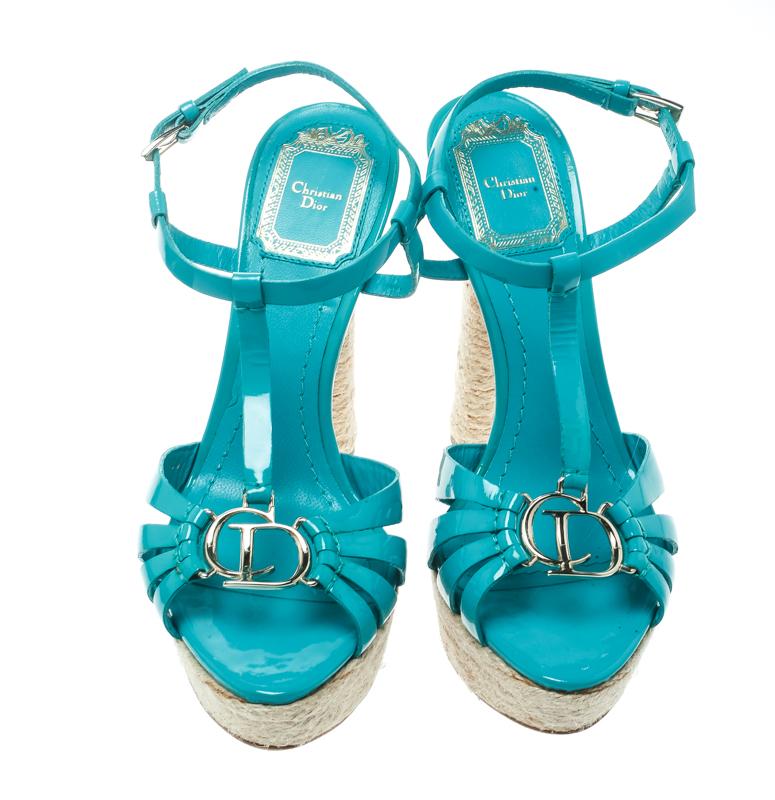 Dior Jade Green Patent Leather T Strap Espadrille Platform Sandals Size 36 In Excellent Condition In Dubai, Al Qouz 2