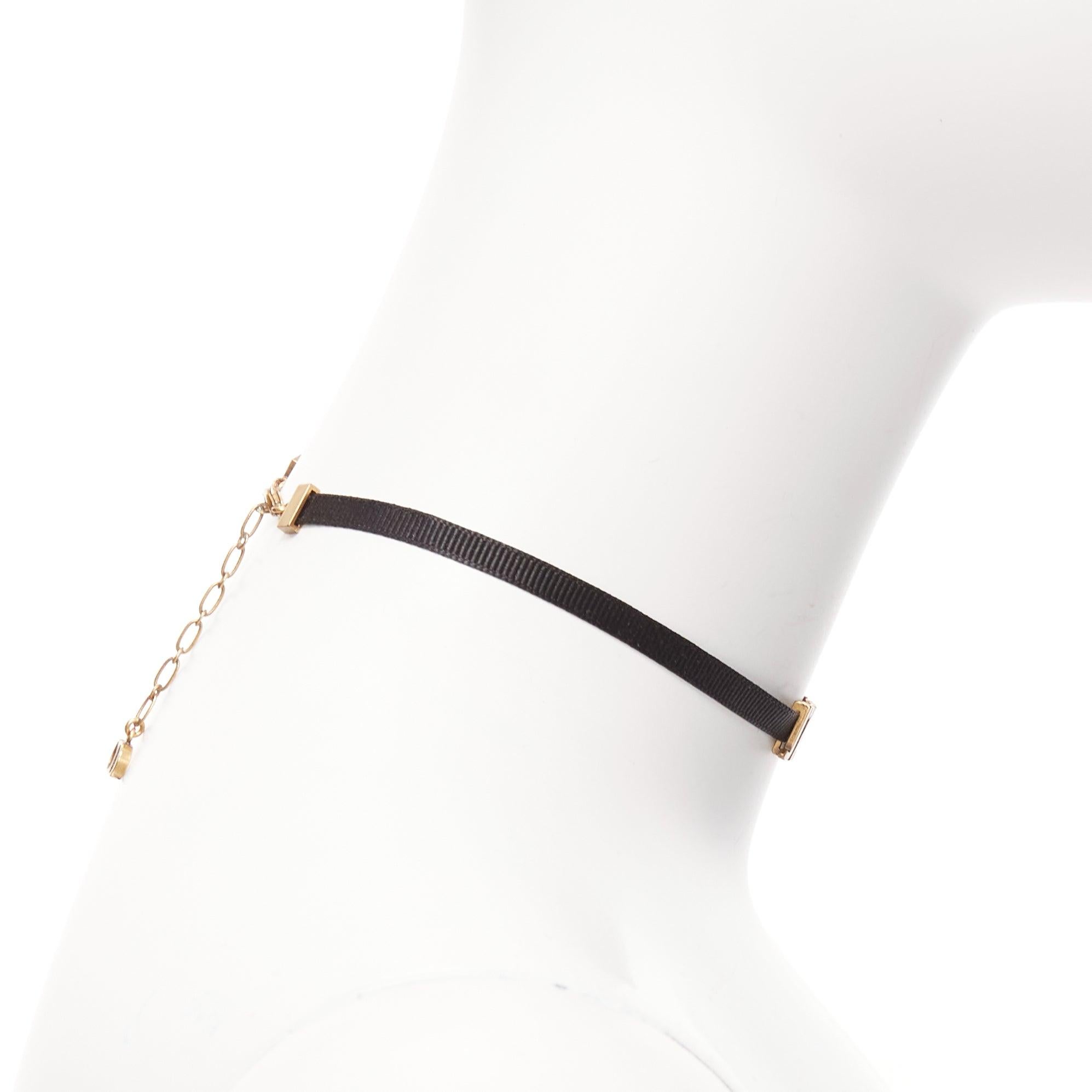 Women's DIOR J'adior antique gold logo plate black ribbon CD charm choker necklace For Sale