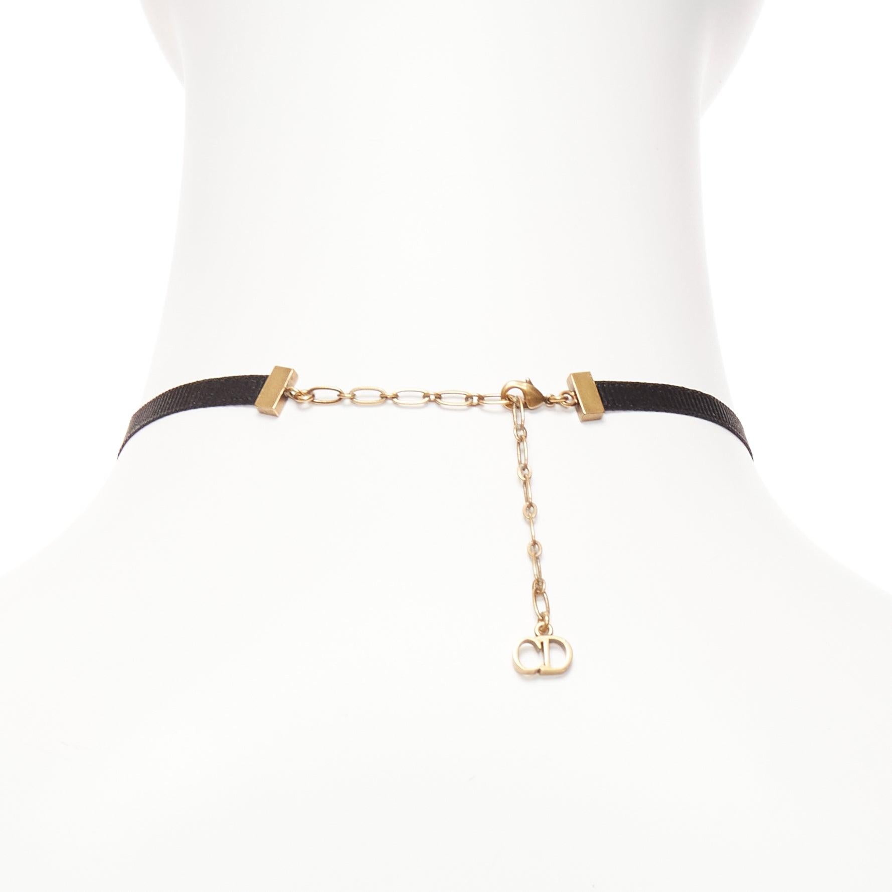 DIOR J'adior antique gold logo plate black ribbon CD charm choker necklace For Sale 1