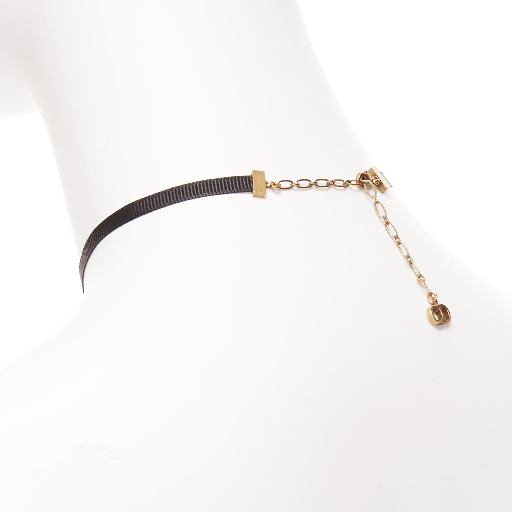 DIOR J'adior antique gold logo plate black ribbon CD charm choker necklace For Sale 2
