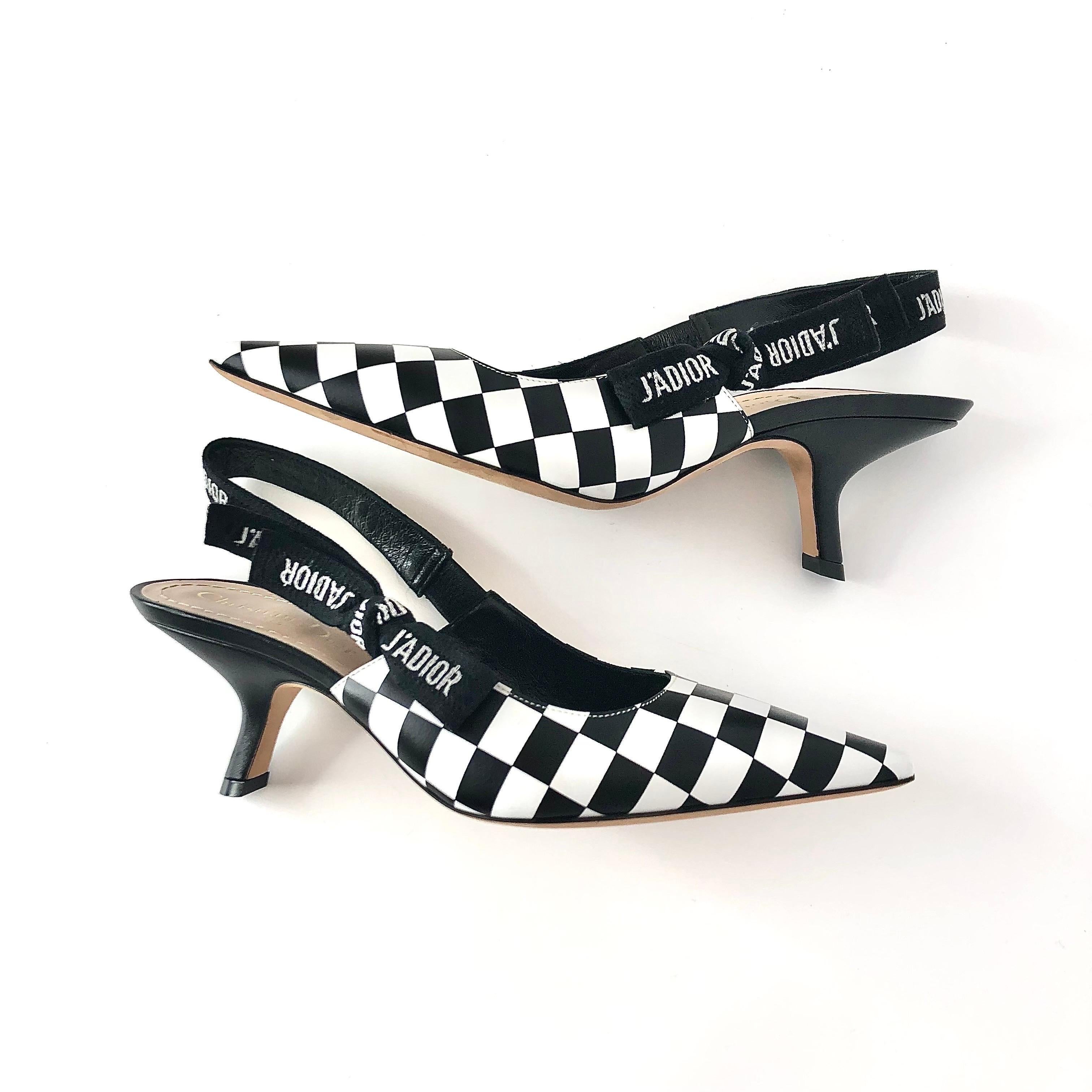 Dior J'adior Negro Blanco Cuadros Slingback Tacón Punta Bombas 37.5 en Excelente estado para la venta en Mechanicsville, VA