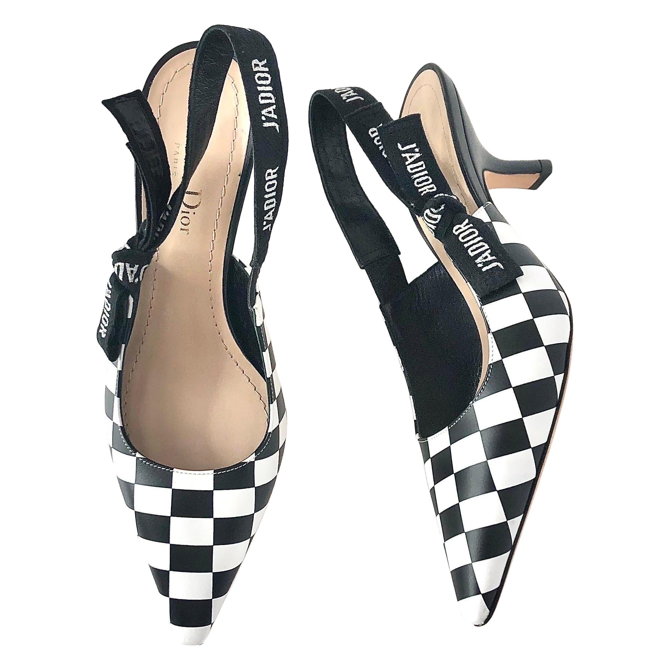 Dior J'adior Black White Checkered Slingback Heeled Pointed Toe Pumps 37.5