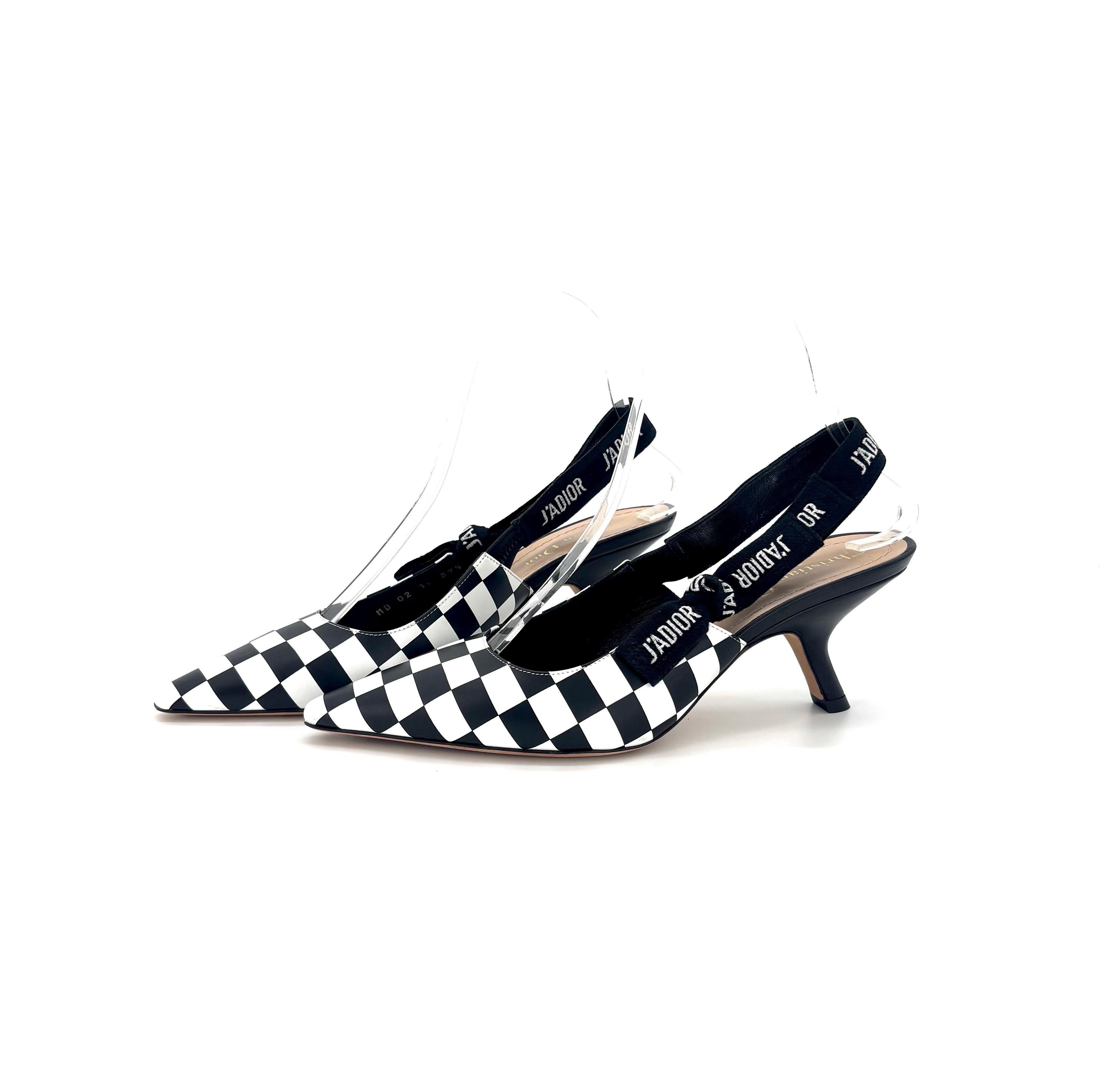 Dior J’adior Black White Checkered Slingback Heeled Pointed Toe Pumps 37.5