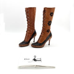 Dior John Galliano FW 2000 Vintage Floral Cutout Laceup Western Heeled Boots 37