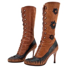 Dior John Galliano FW 2000 Vintage Floral Cutout Laceup Western Heeled Boots 37