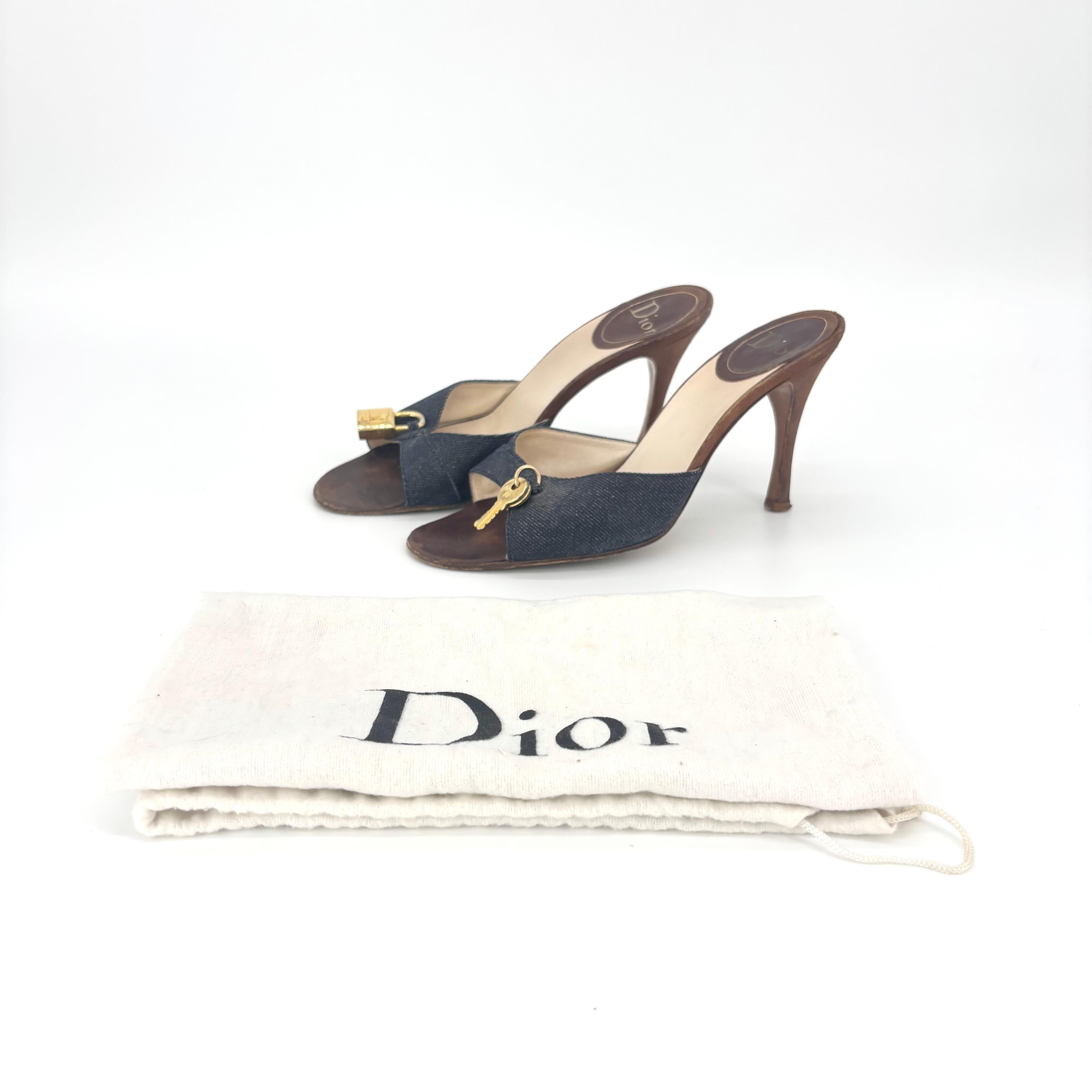 Dior John Galliano Padlock and Key Denim Slip On Mules Sandals 37