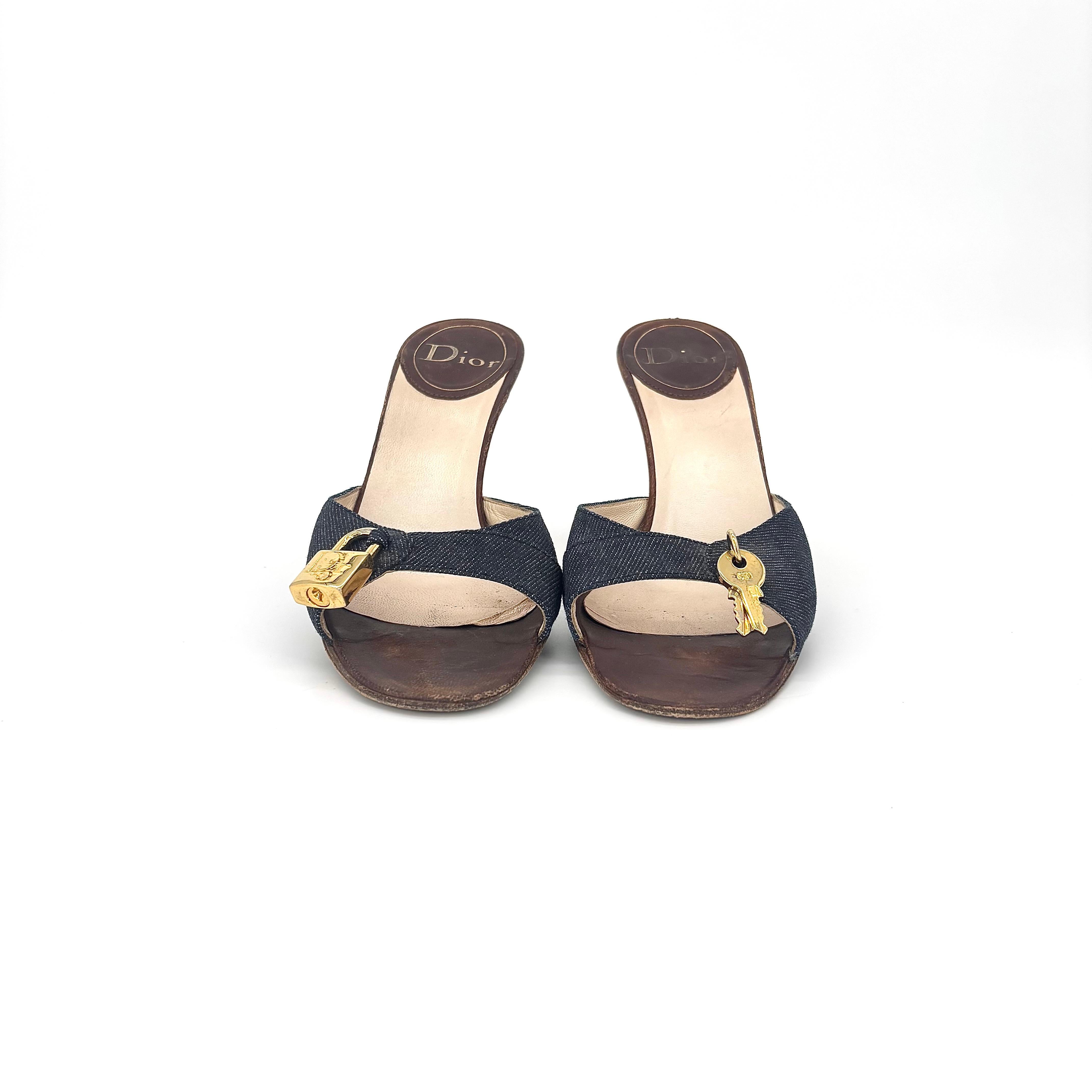 Dior John Galliano Padlock and Key Denim Slip On Mules Sandals 37
