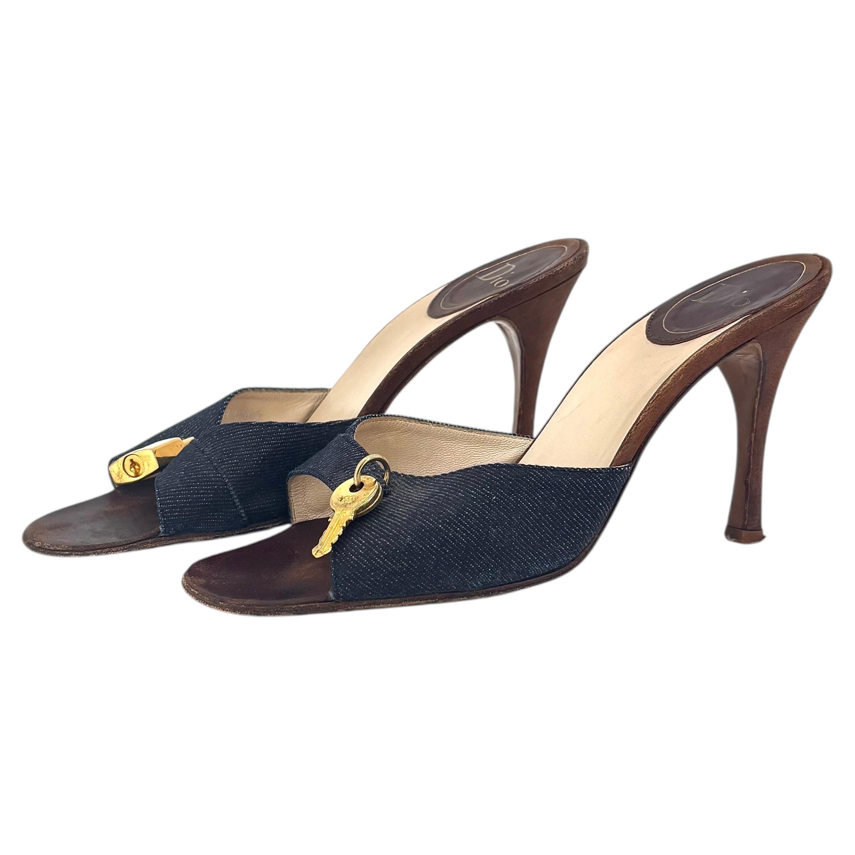 Vintage Dior John Galliano Denim Lock and Key Slip On Mules