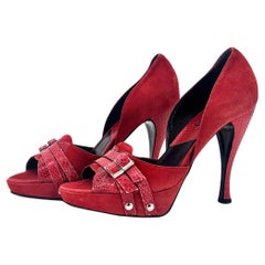 Dior John Galliano Red Double Buckle Snakeskin Peep Toe Platform Pumps 39.5